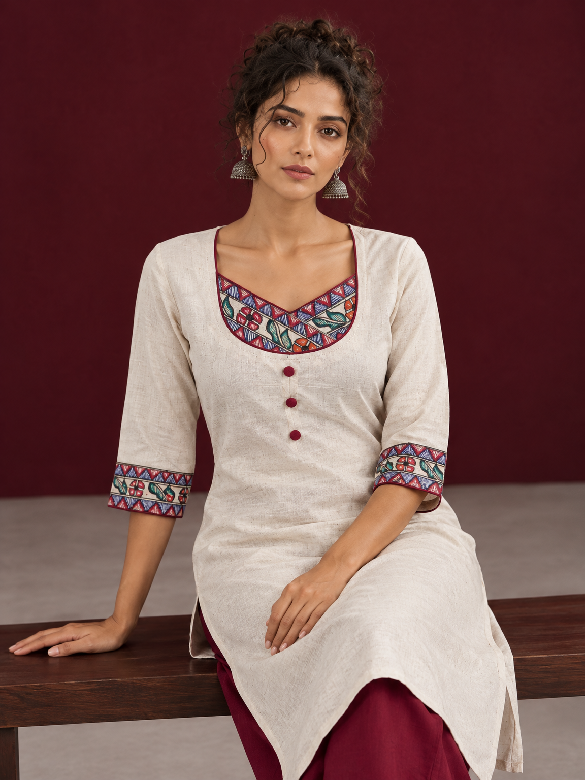 Timeless Off-White Cotton Kurta with Handpainted Madhubani overlapping Neckline & Matching Sleeve Cuffs — seated detail