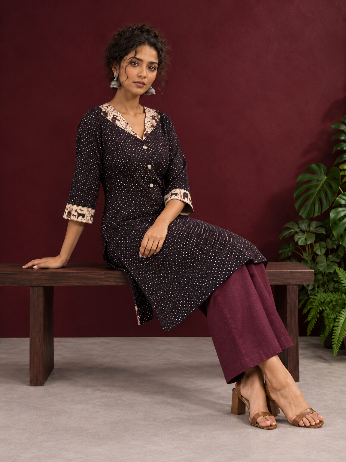 Black Polka Dot Kurta with Ajrakh Printed Beige Collar and Contrast Cuffs — seated
