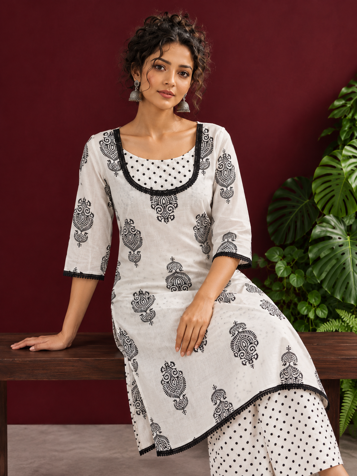 Classic White Cotton Kurta with Black Block Print Motifs, Polka Dot Yoke & Contrast Lace Trim with Matching P — seated detail