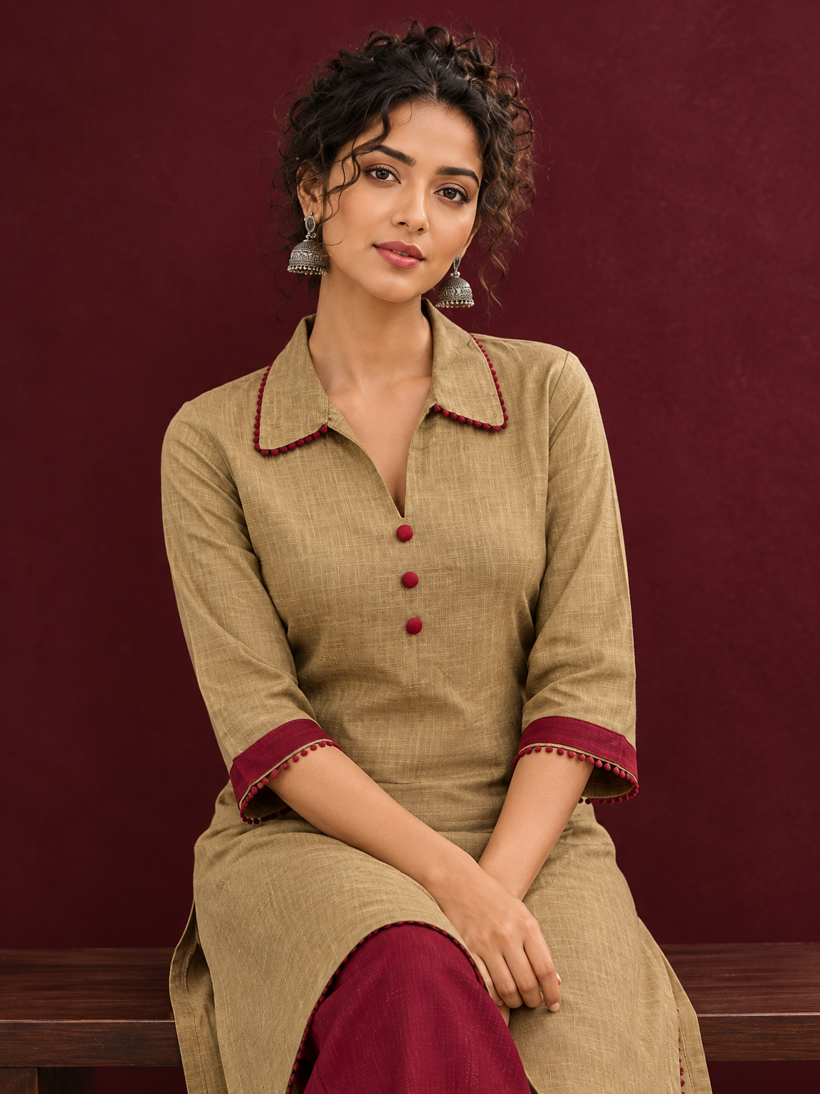 Timeless Beige Cotton Asymmetric Kurta with Maroon Lace Collar and Contrast Maroon Accent — seated detail