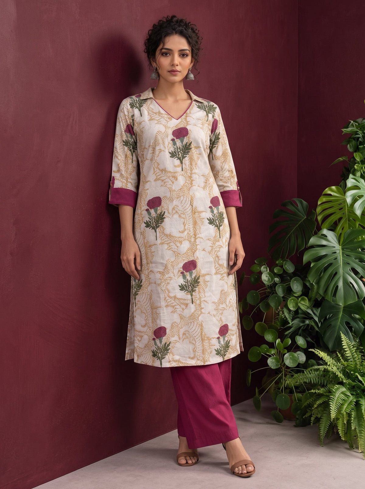Ivory floral printed kurta with pink and green flowers, a V-neck, and contrasting pink cuffs. — side view