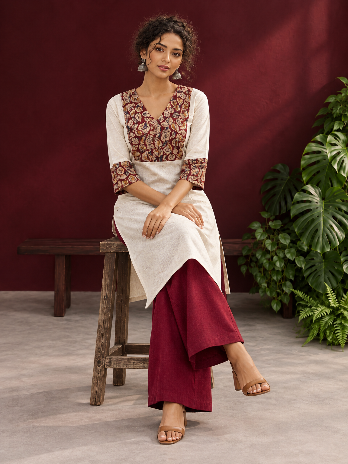 Elegant Off-White Cotton Kurta with Kalamkari Leaf Print Yoke and Contrast Cuffs — seated