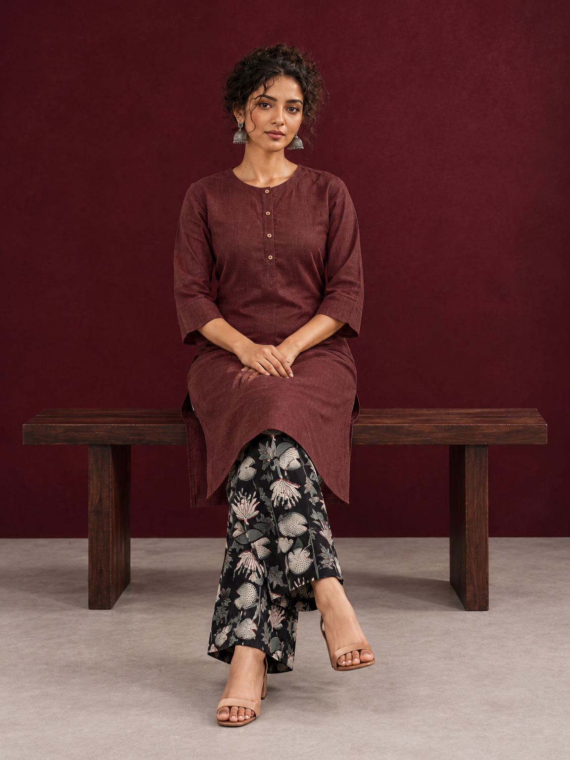 Rustic Brown Cotton Kurta with Round Neck — seated