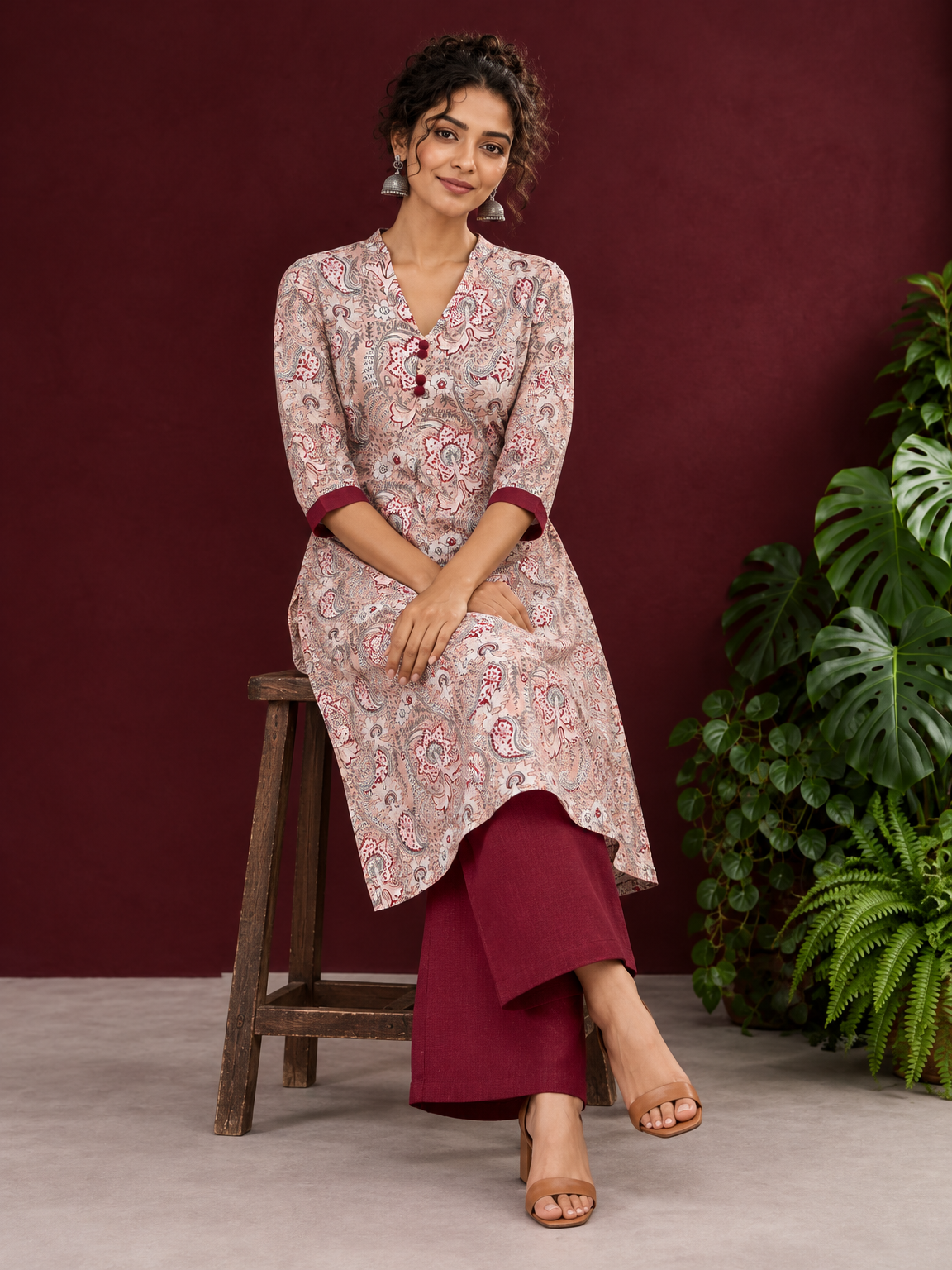 Pink Cotton Paisley Print Kurta with Maroon Button Placket and Contrast Cuffs — seated