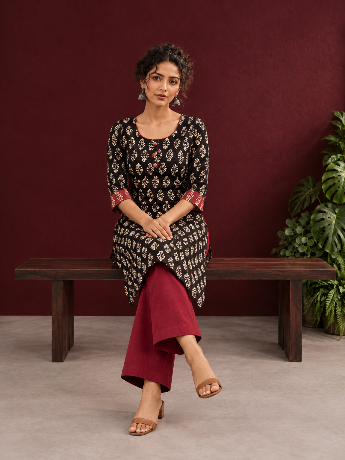 Elegant Black Cotton Ajrakh Kurta with Maroon Contrast Piping, Buttons & Ajrakh Floral Motif Print — seated