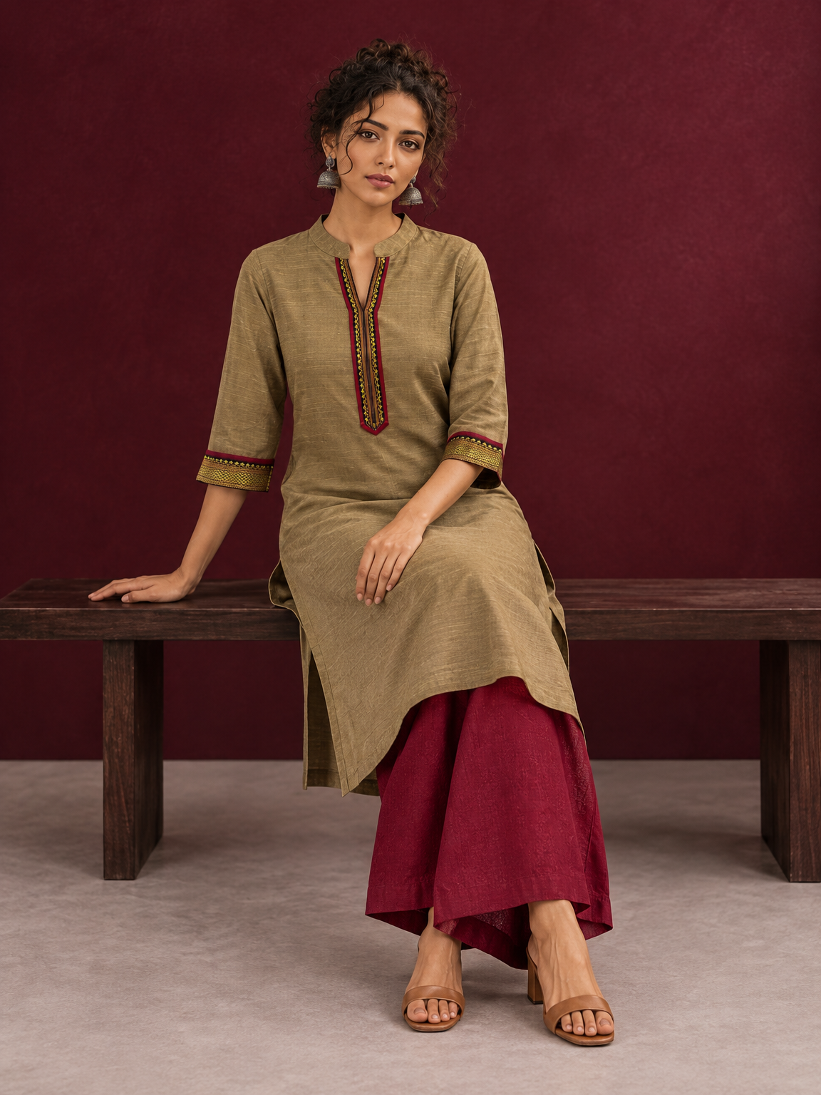 Elegant Gold Cotton-Silk Straight Kurta with Traditional Border Detailing — seated detail