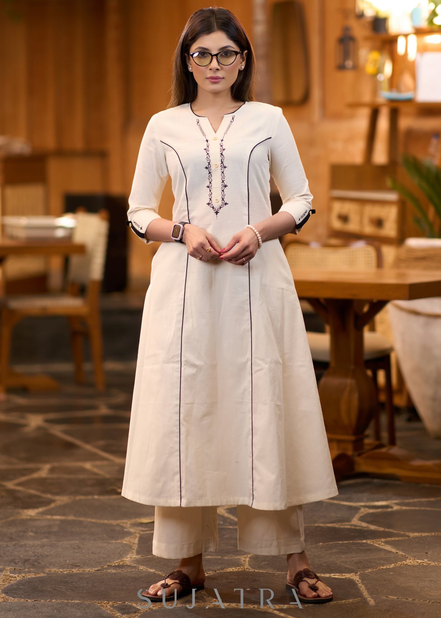 Classy Off-white hand painted cotton kurta Pant optional