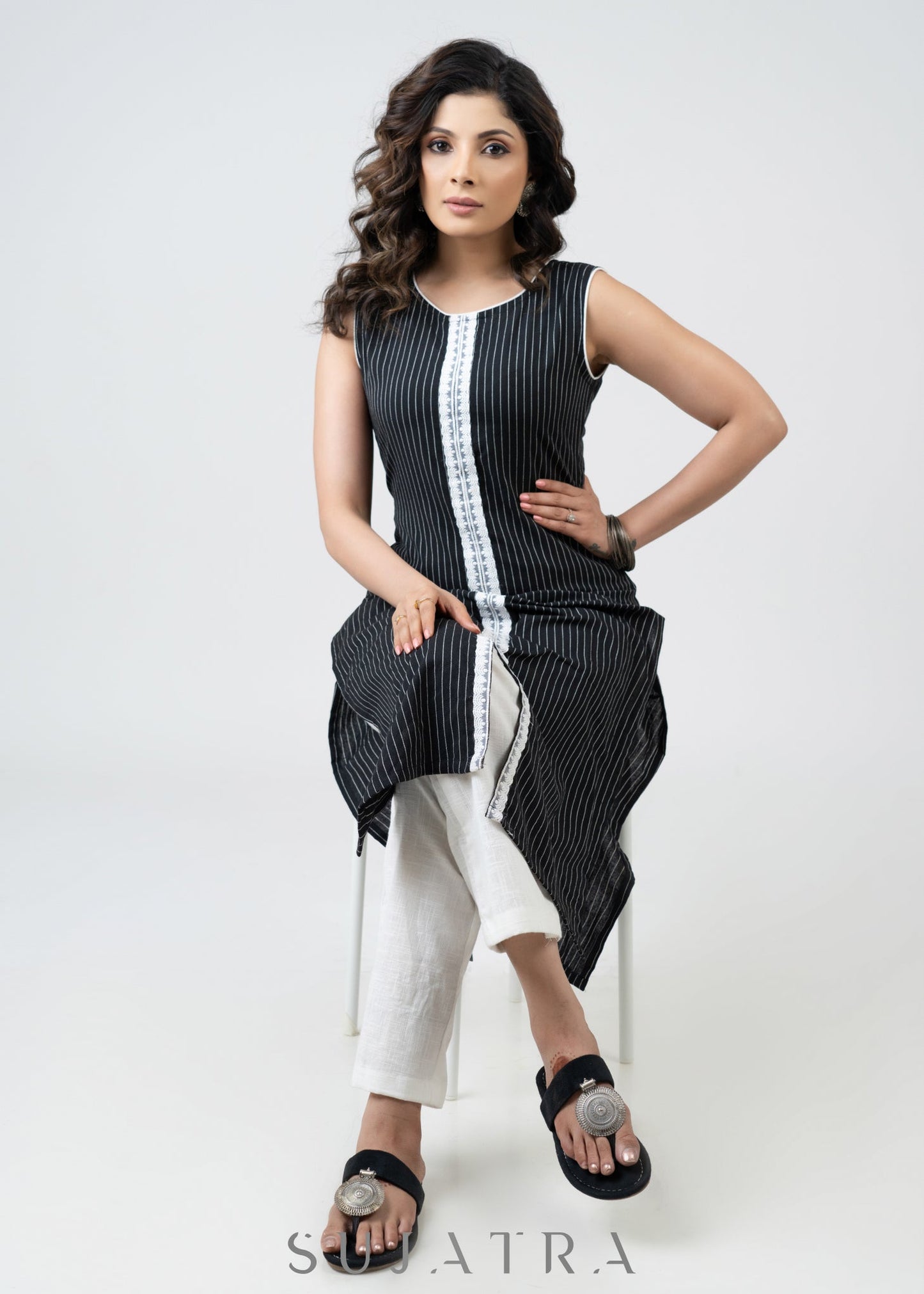 Simple Smart Black Ikat Sleeveless Kurta With Laces - Pant Optional