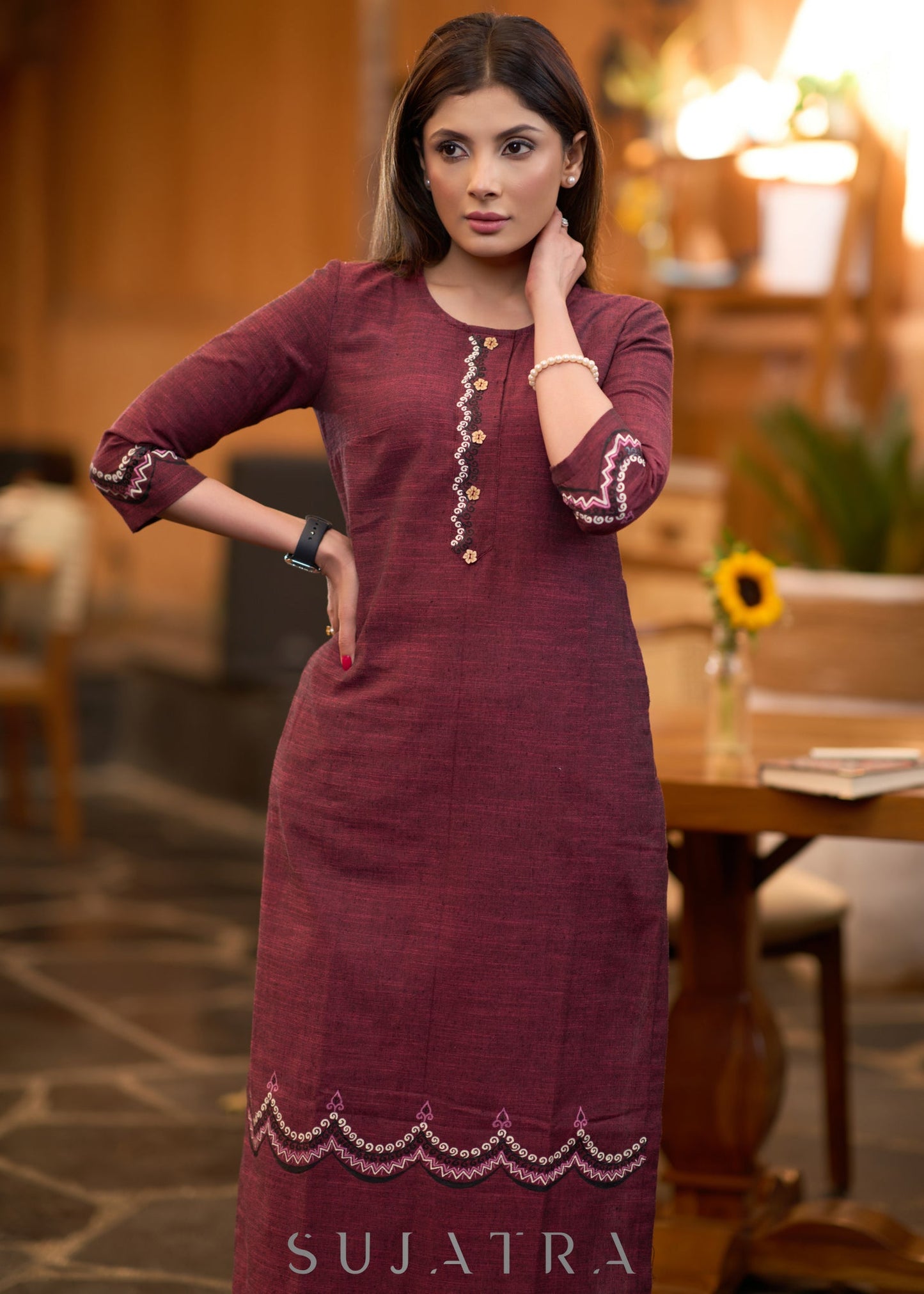 Graceful Maroon cotton kurta with hand painting Pant optional