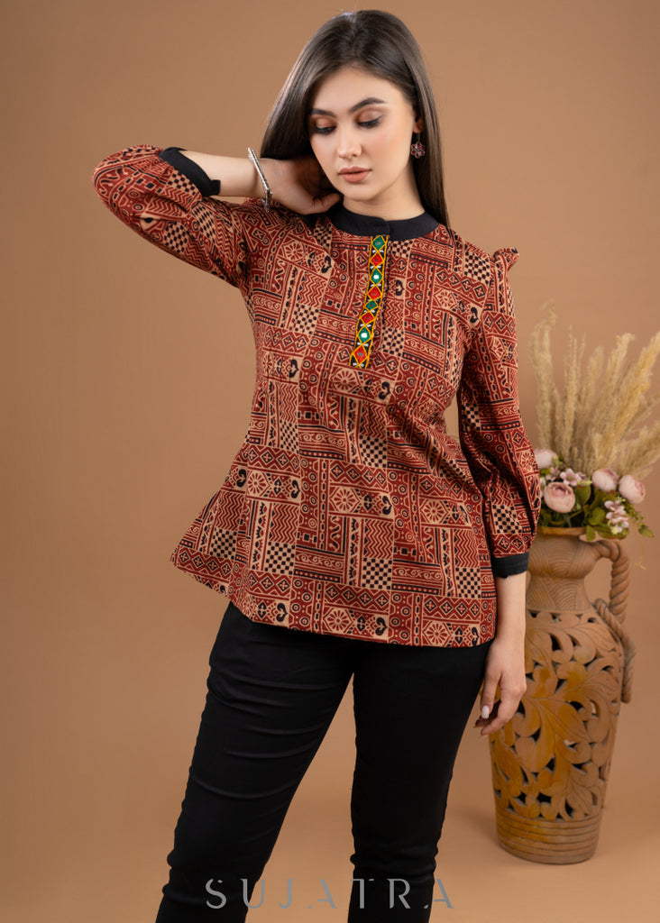 Maroon cotton Ajrakh top with kutch embroidered placket