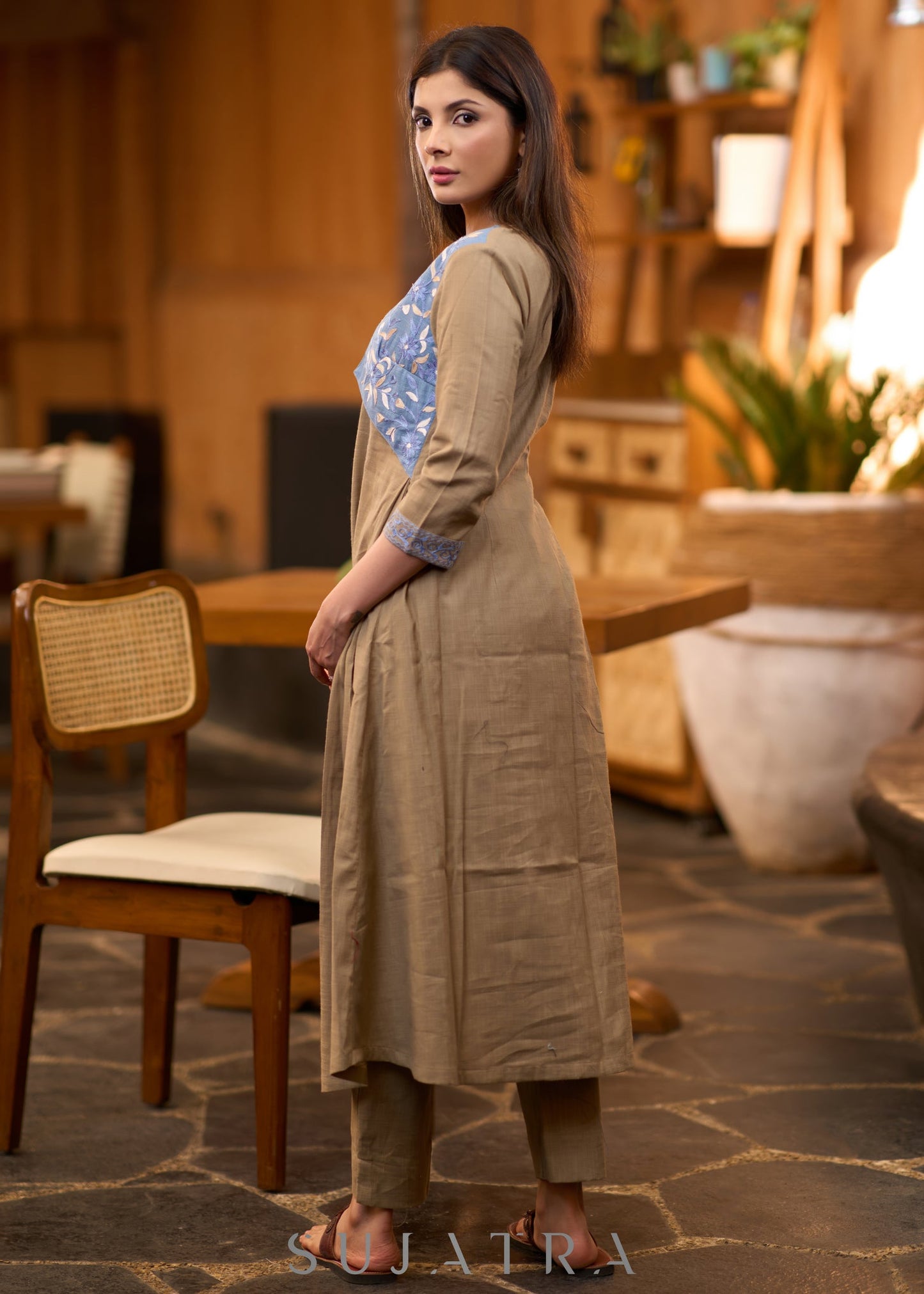 Smart beige cotton kurta with attached embroidered jacket - Pant optional