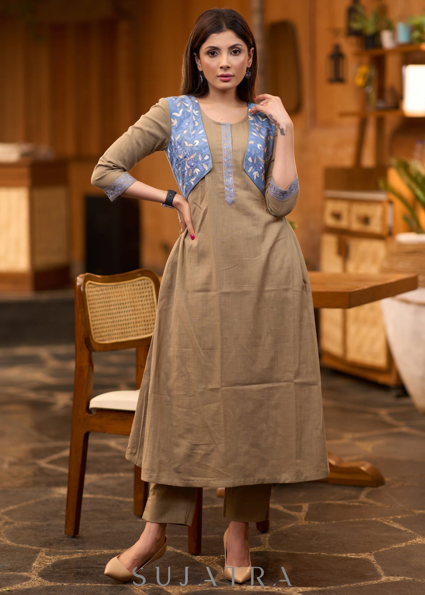 Smart beige cotton kurta with attached embroidered jacket - Pant optional