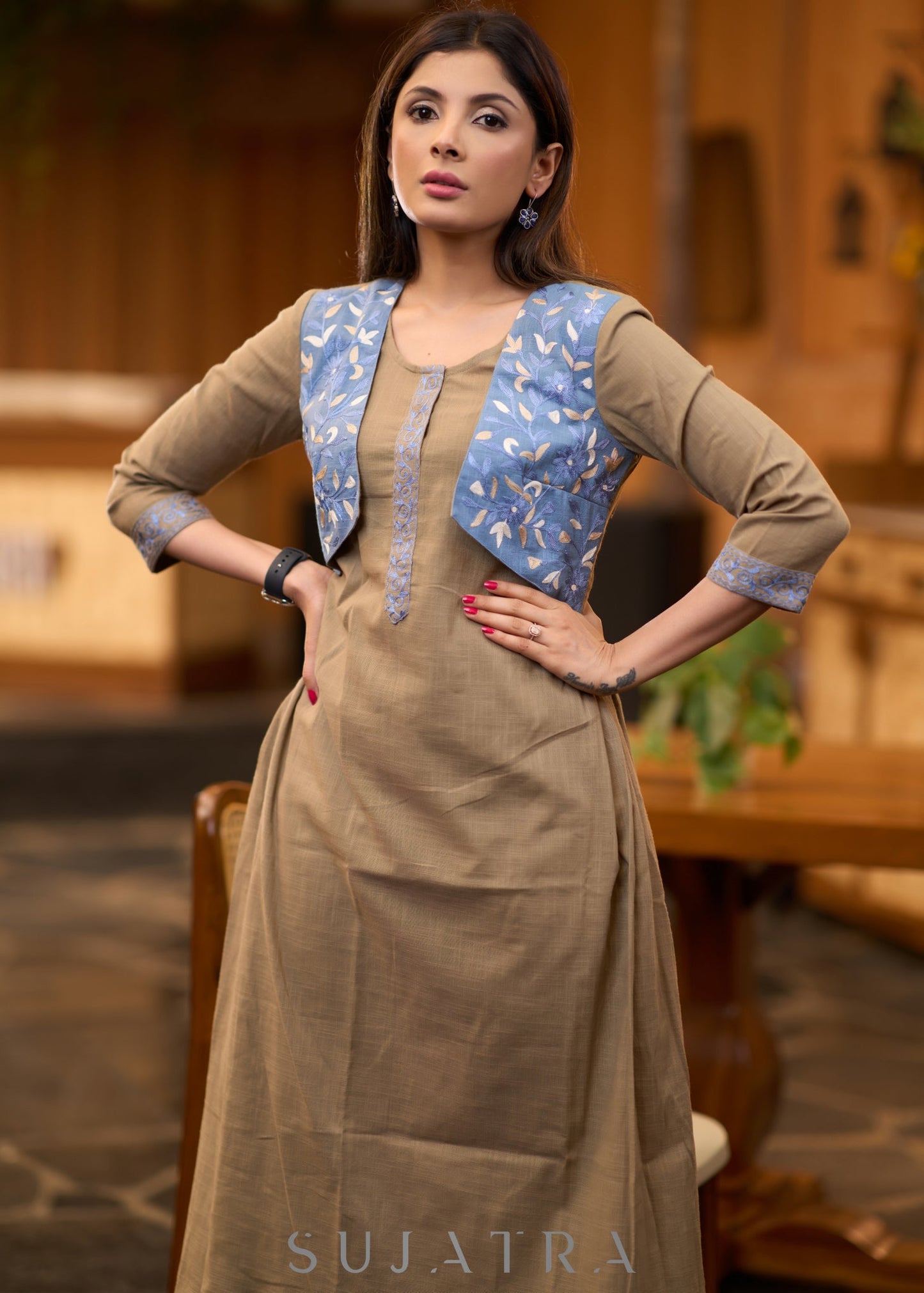 Smart beige cotton kurta with attached embroidered jacket - Pant optional