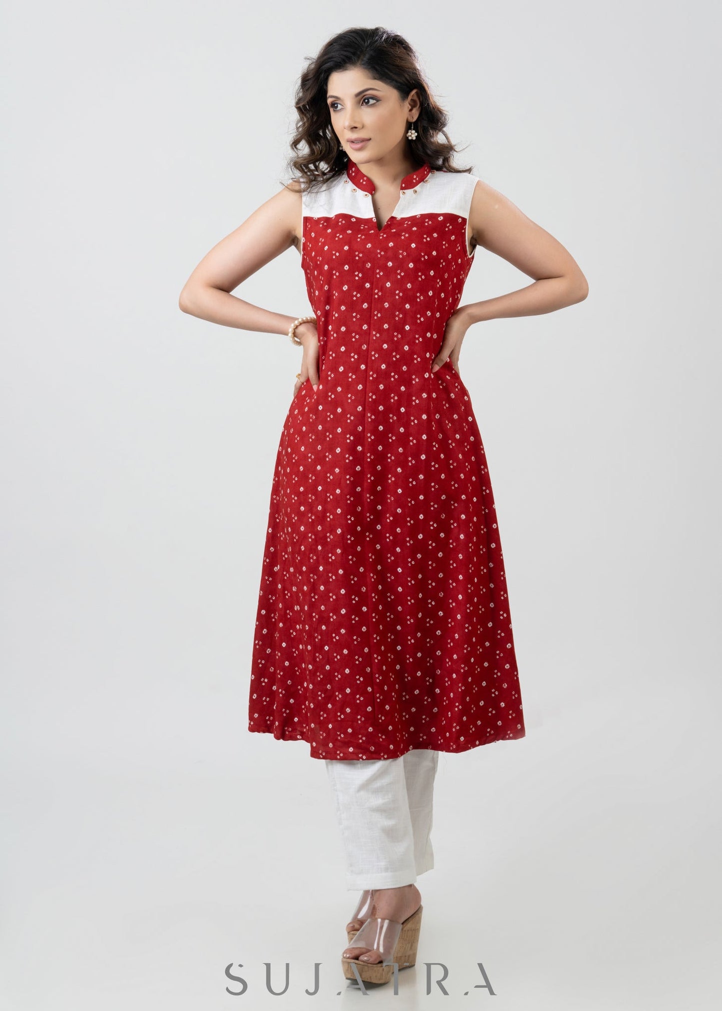 Elegant Red Bandhani Rayon Printed Kurta With Stone Highlights - Pant Optional