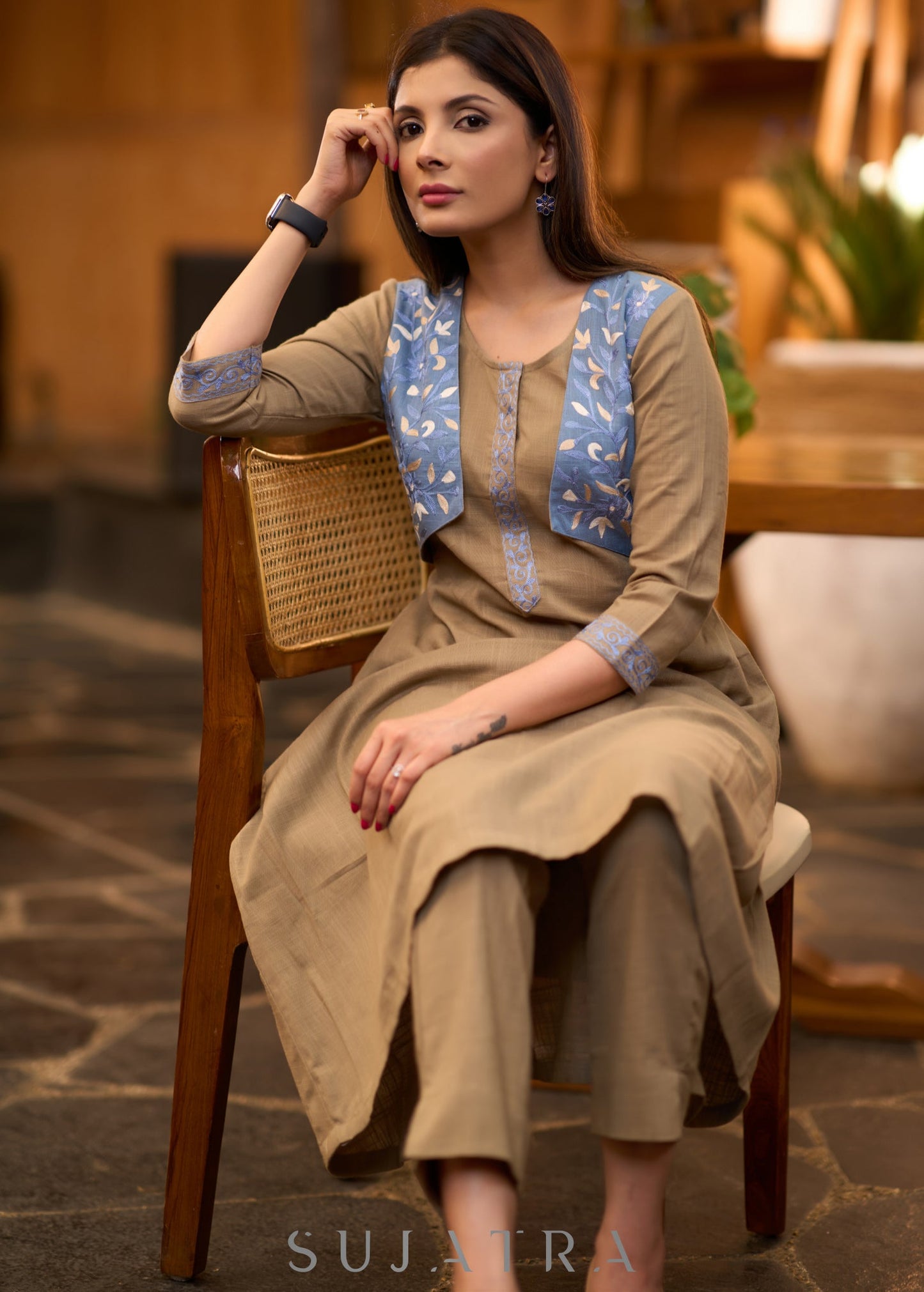 Smart beige cotton kurta with attached embroidered jacket - Pant optional