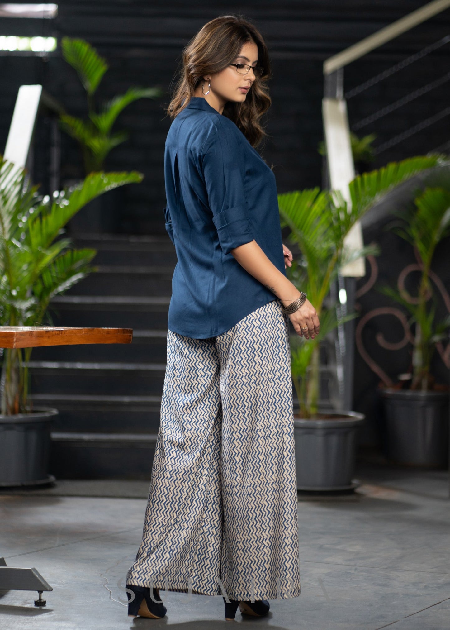Classy ZigZag Rayon Flared Pants Navy Blue Rayon Shirt Optional