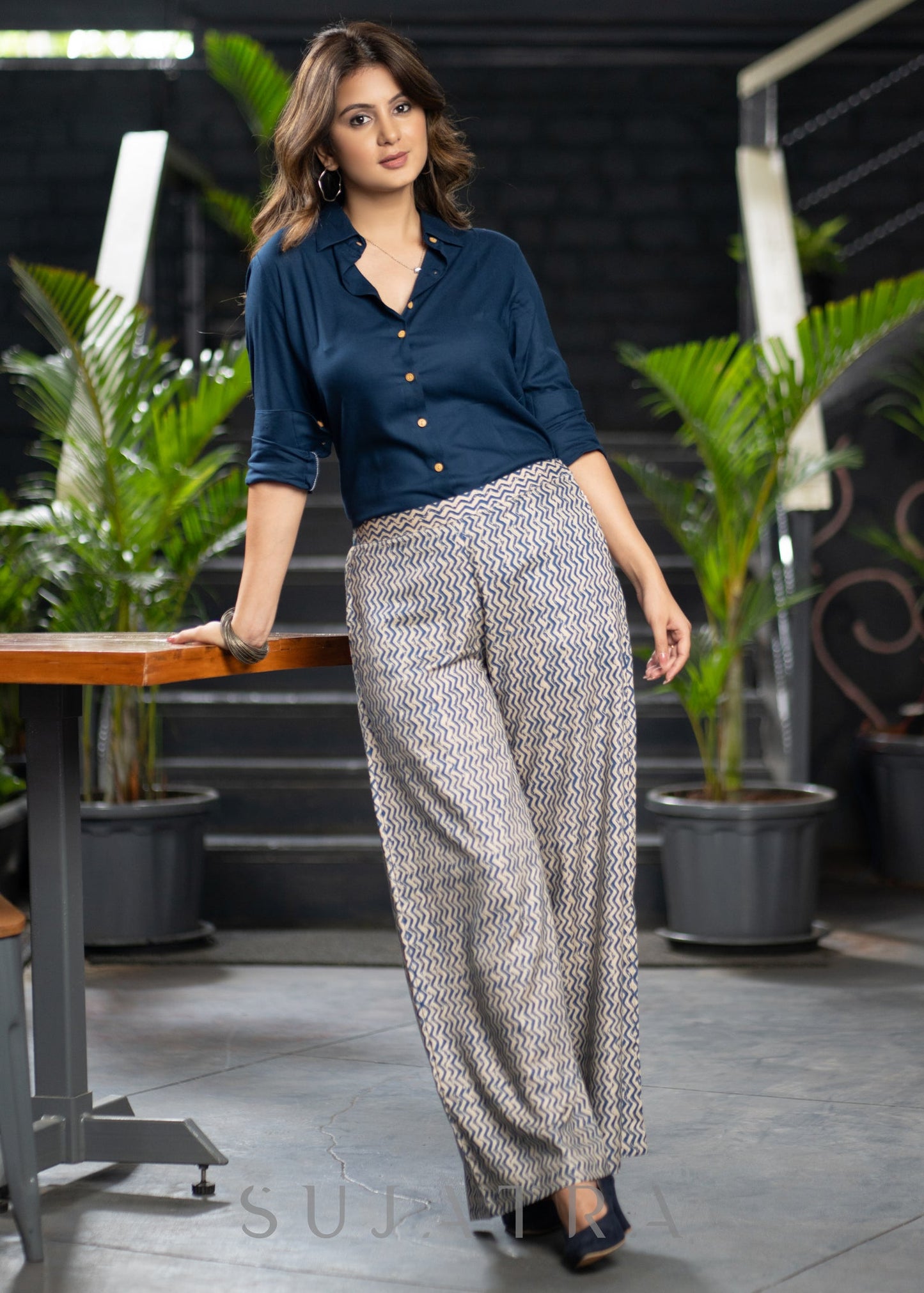 Classy ZigZag Rayon Flared Pants Navy Blue Rayon Shirt Optional