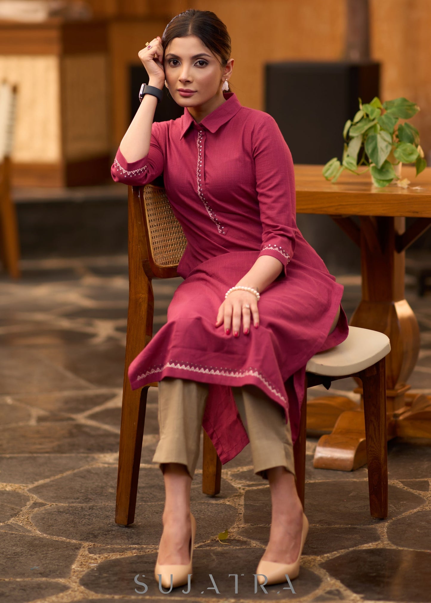 Classy wine cotton collared kurta with Gond painting - Pant optional