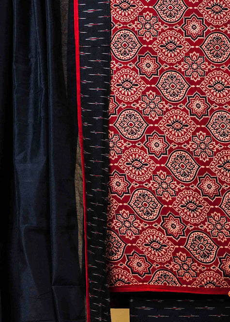 Elegant Cotton Maroon Mughal Print Ajrakh Suit Set with Ikat bottom and Chanderi Dupatta