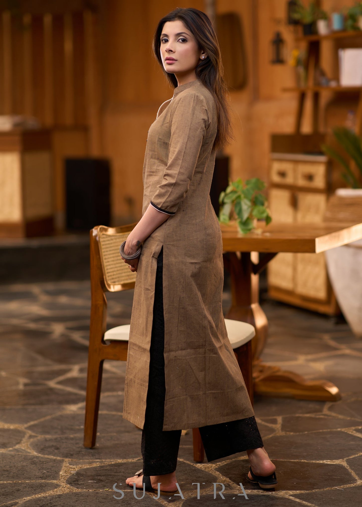 Elegant dark beige cotton kurta with embroiderd motif on one side Pant optional