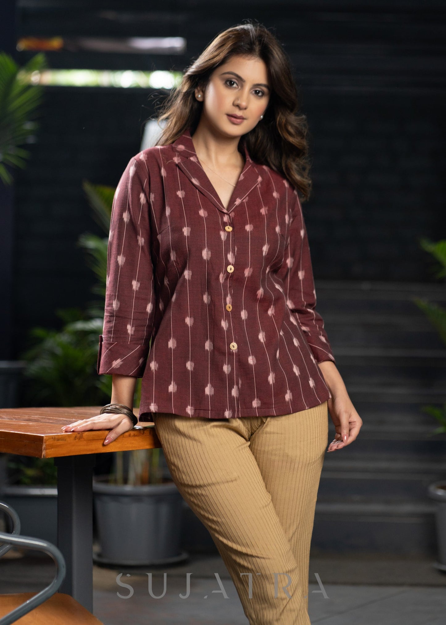 Smart Maroon Ikat Cotton Collared Shirt with Wooden Buttons & Rollup Sleeve's