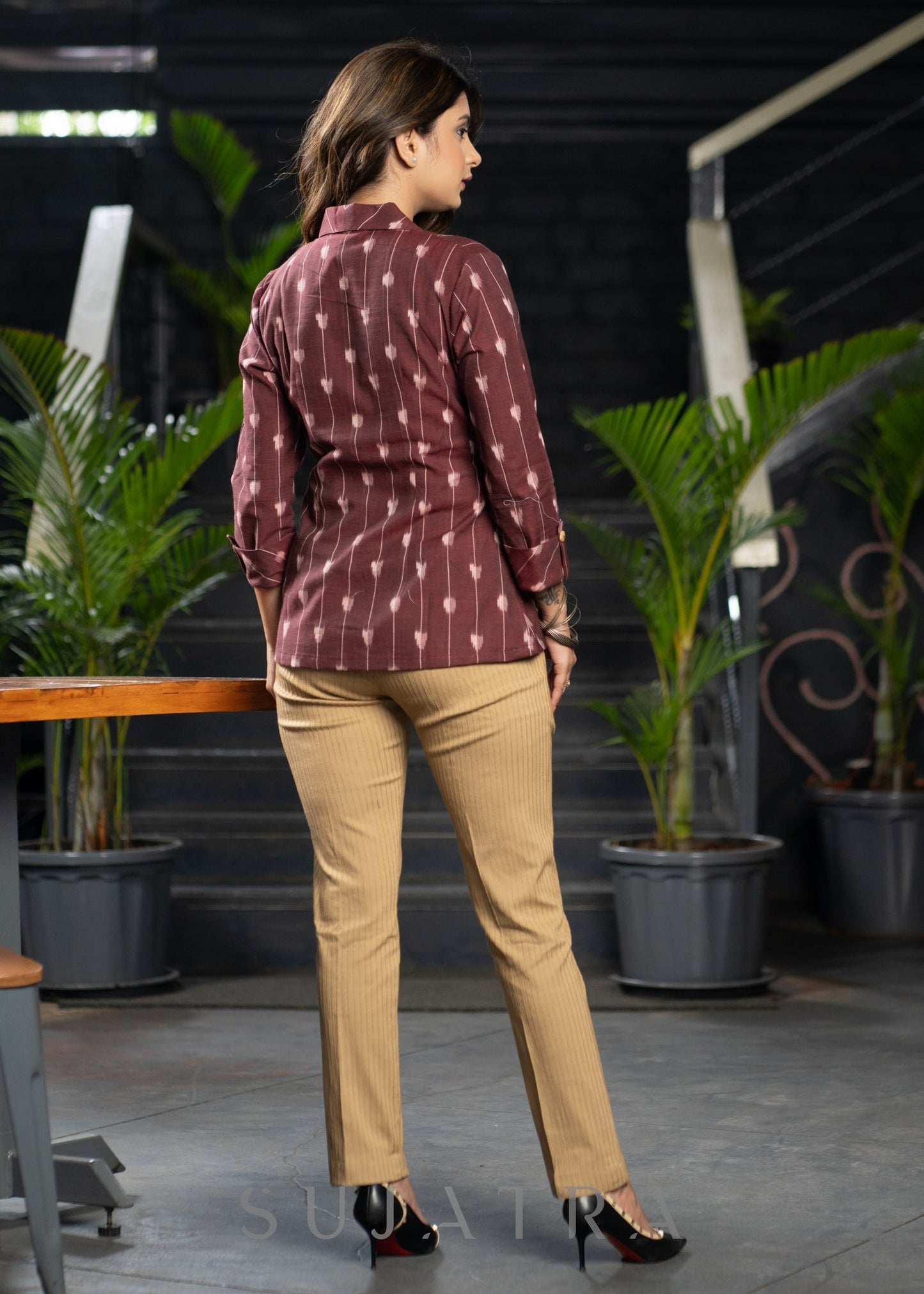 Smart Maroon Ikat Cotton Collared Shirt with Wooden Buttons & Rollup Sleeve's