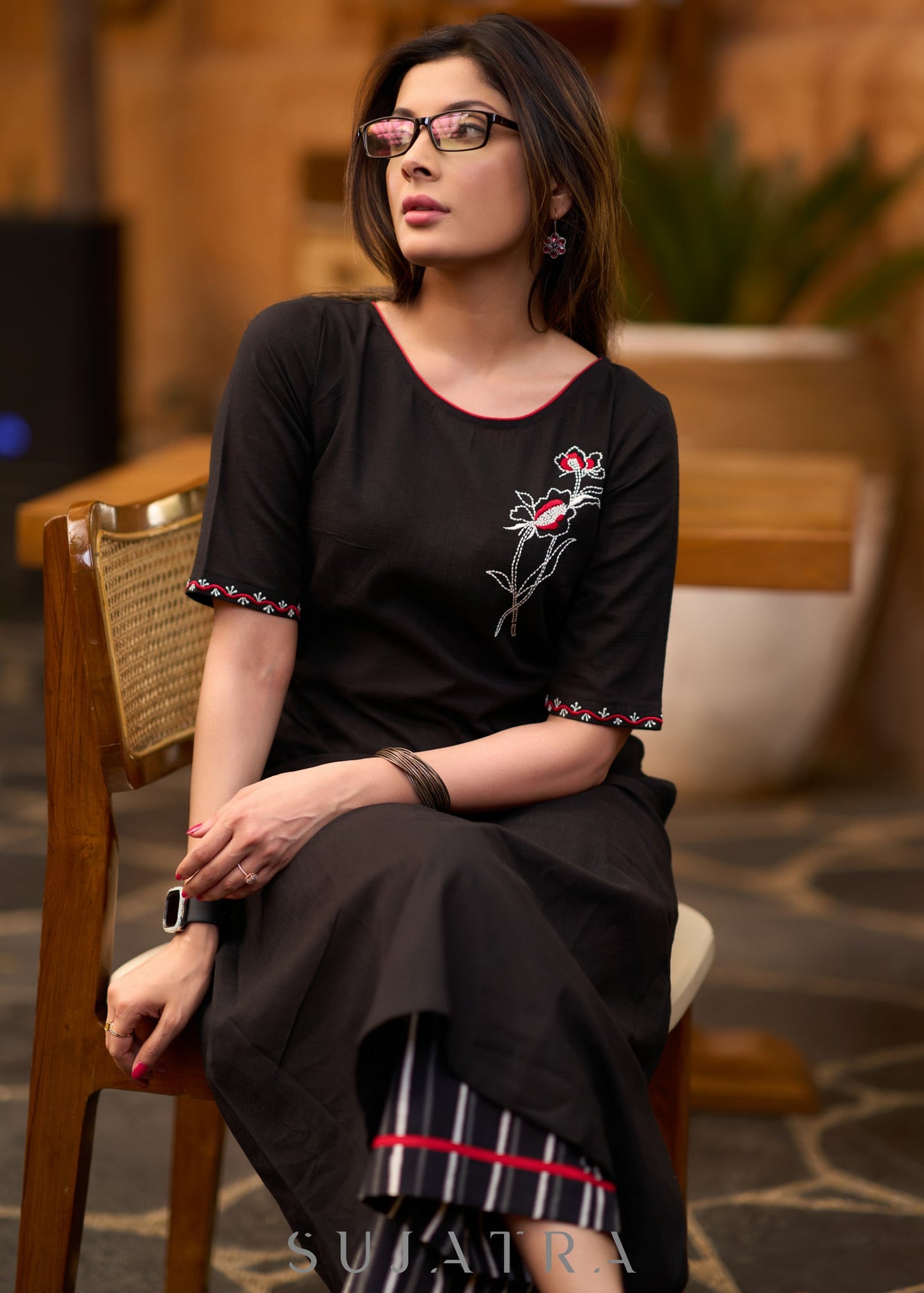 Exclusive black cotton kurta with embroidered motif - Pant optional