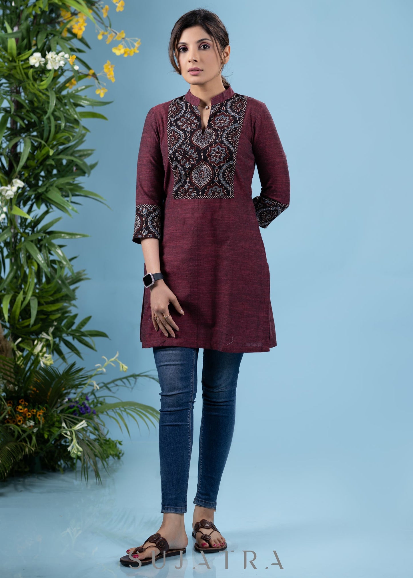 Elegant wine cotton tunic with ajrakh combination yoke