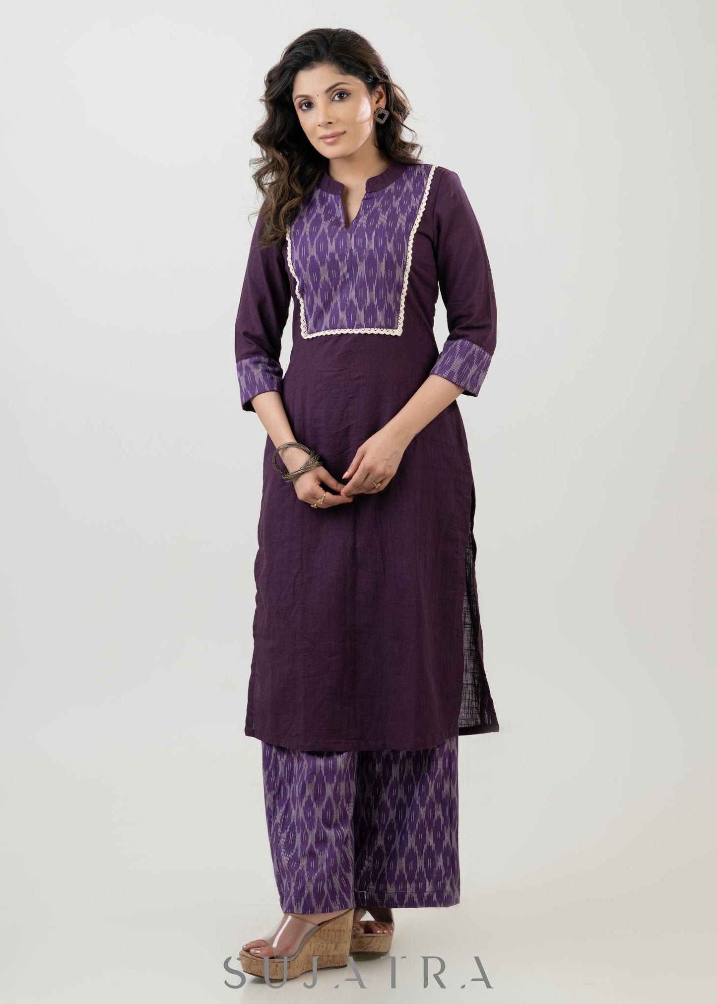 Purple Cotton Ikkat Yoke Kurta - Pant Optional