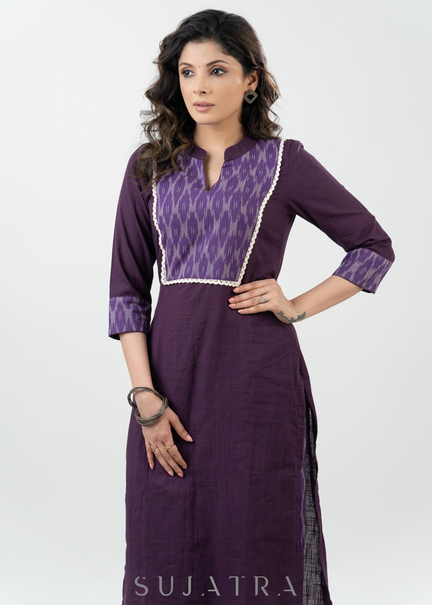 Purple Cotton Ikkat Yoke Kurta - Pant Optional