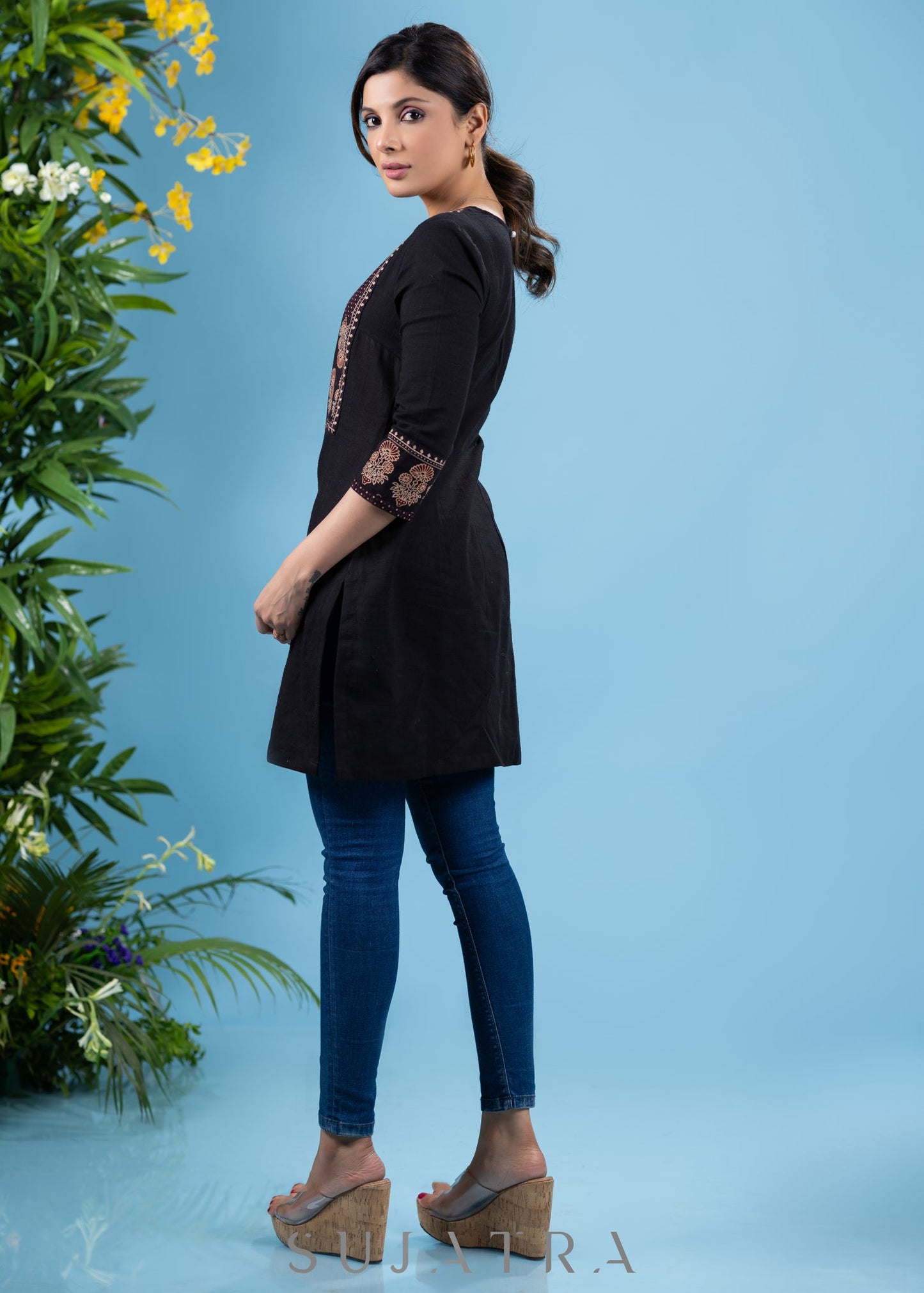 Elegant black cotton tunic with highighted ajrakh combination yoke