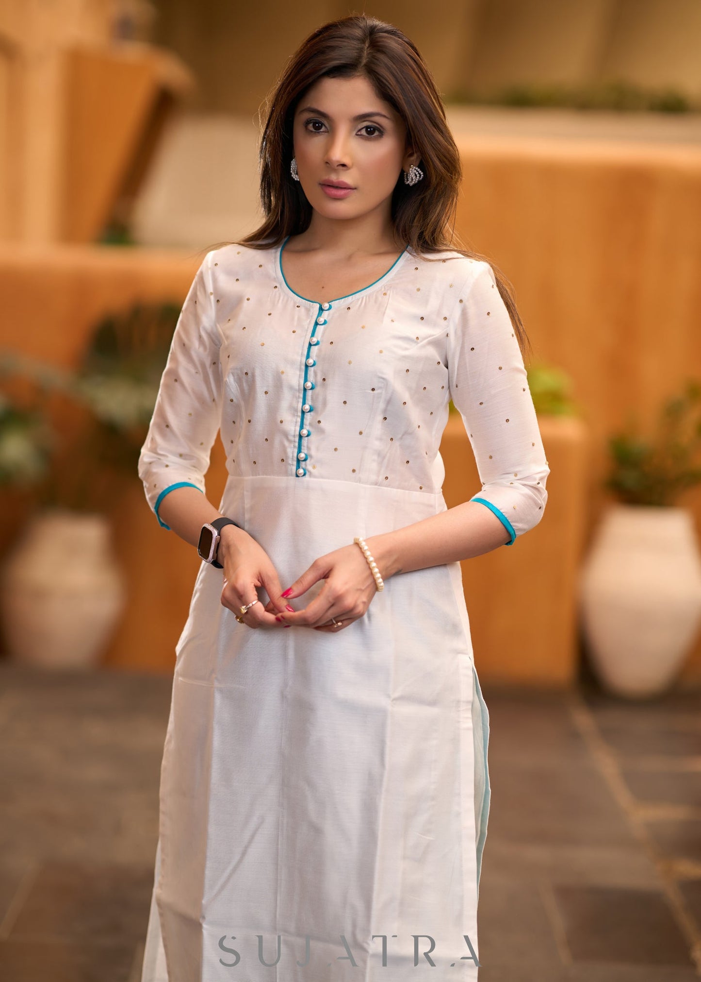 Elegant White chanderi kurta with gold sequence & blue detaling pant optional