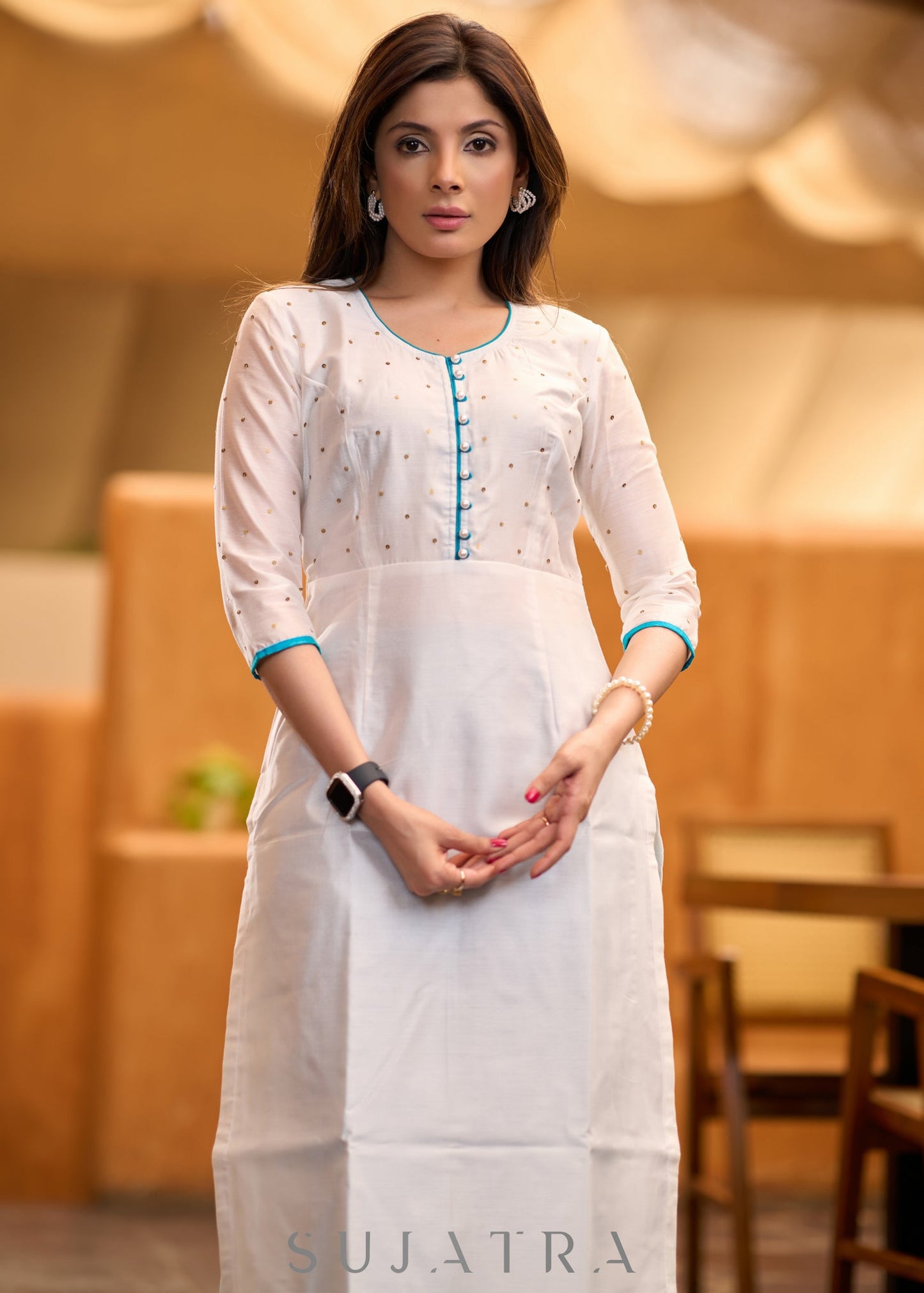 Elegant White chanderi kurta with gold sequence & blue detaling pant optional