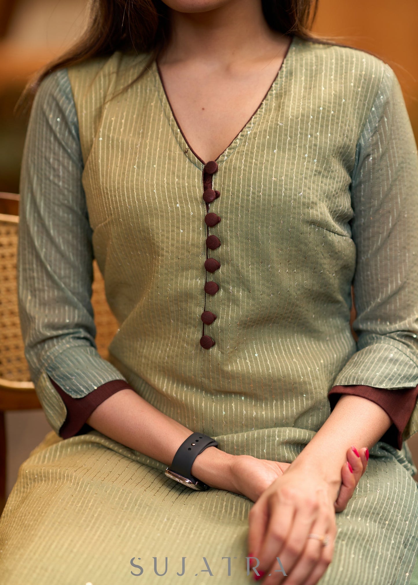 Elegant green Shaded kurta with contrast brown detaling Pant optional