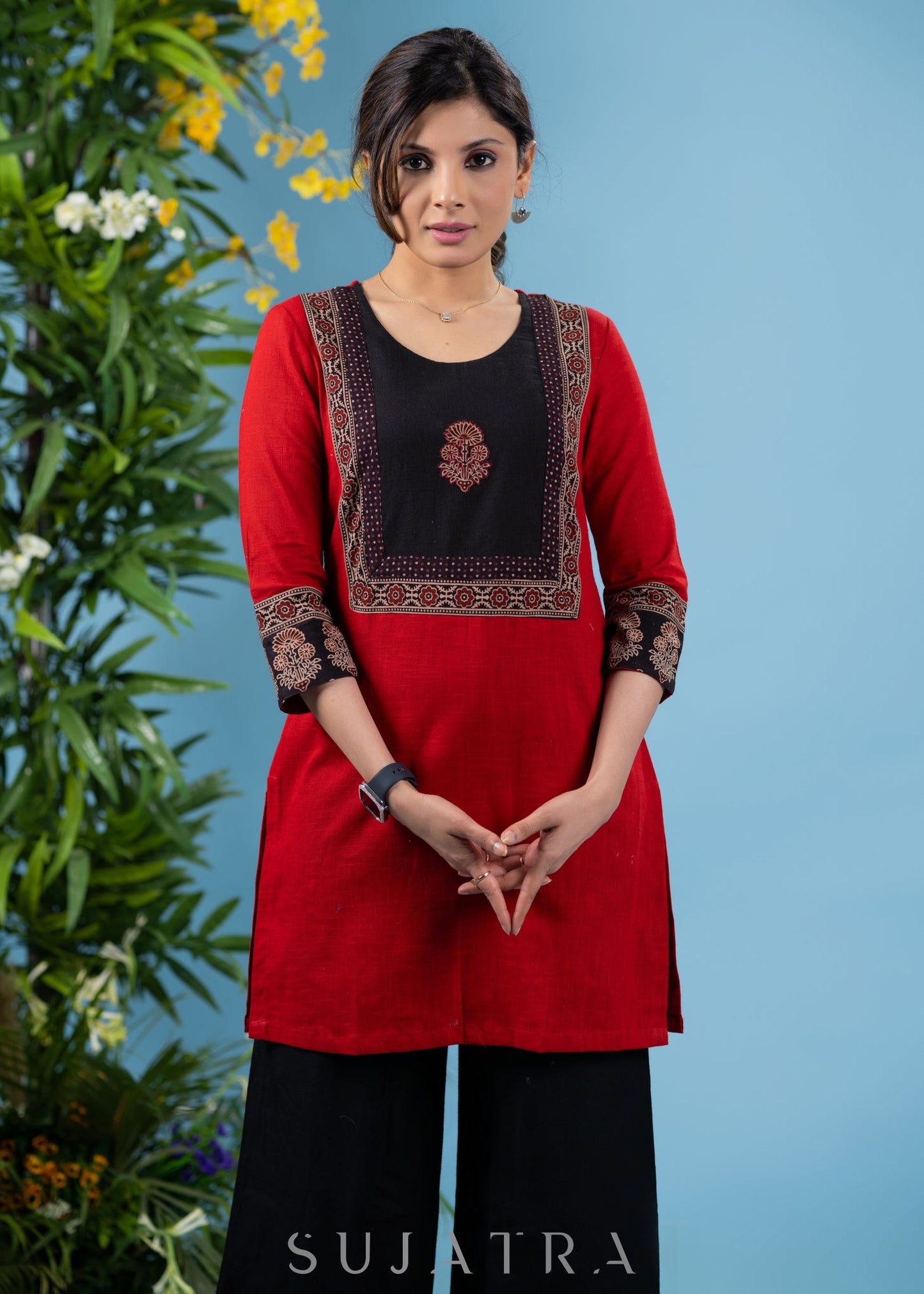 Classic red cotton tunic with ajrakh combination yoke highlighted with applique motif