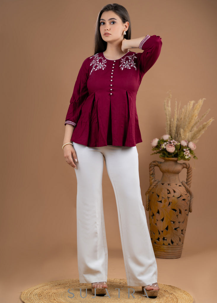 Embroidered Maroon Rayon pleated top