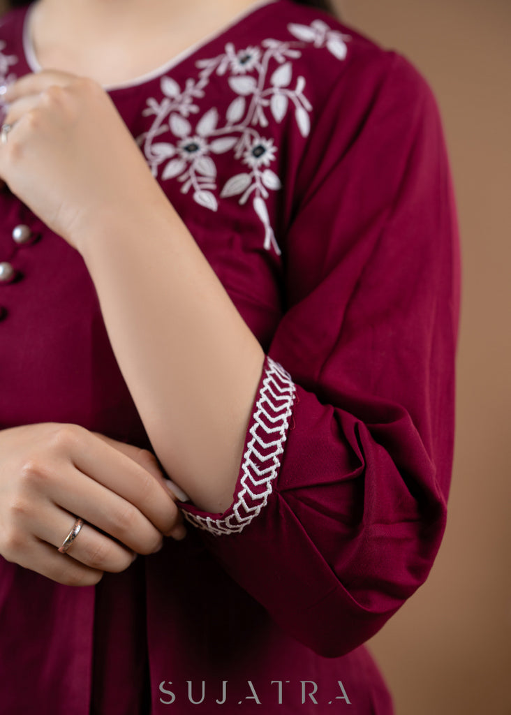Embroidered Maroon Rayon pleated top