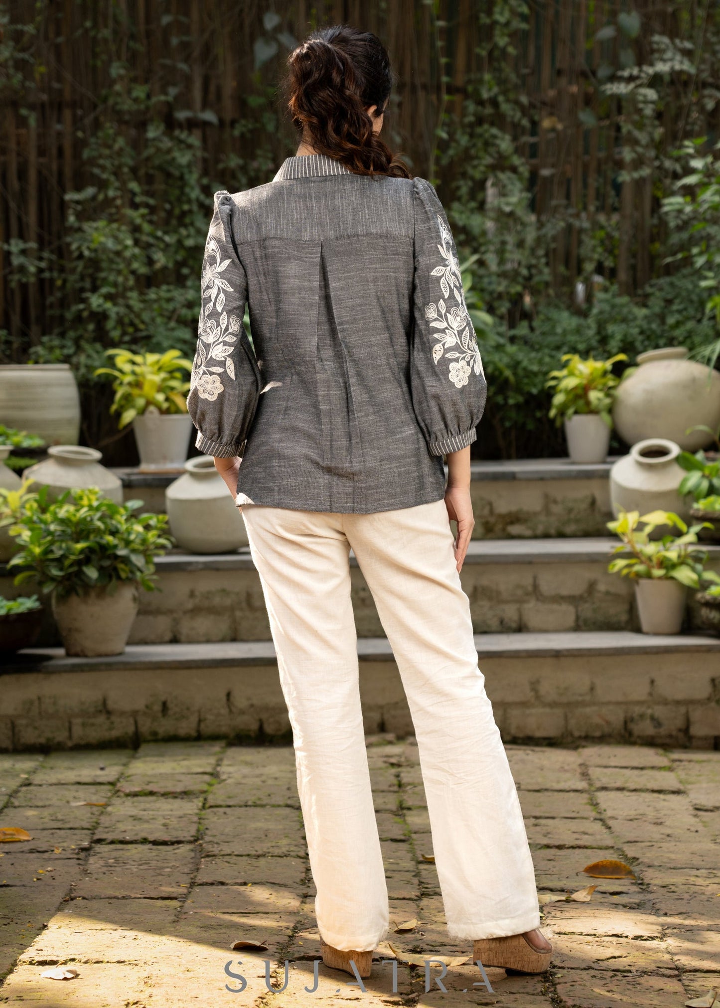 Sassy Grey Textured Cotton Shirt Highlighted with Beautiful Floral Embroidery on Sleeves and Collar
