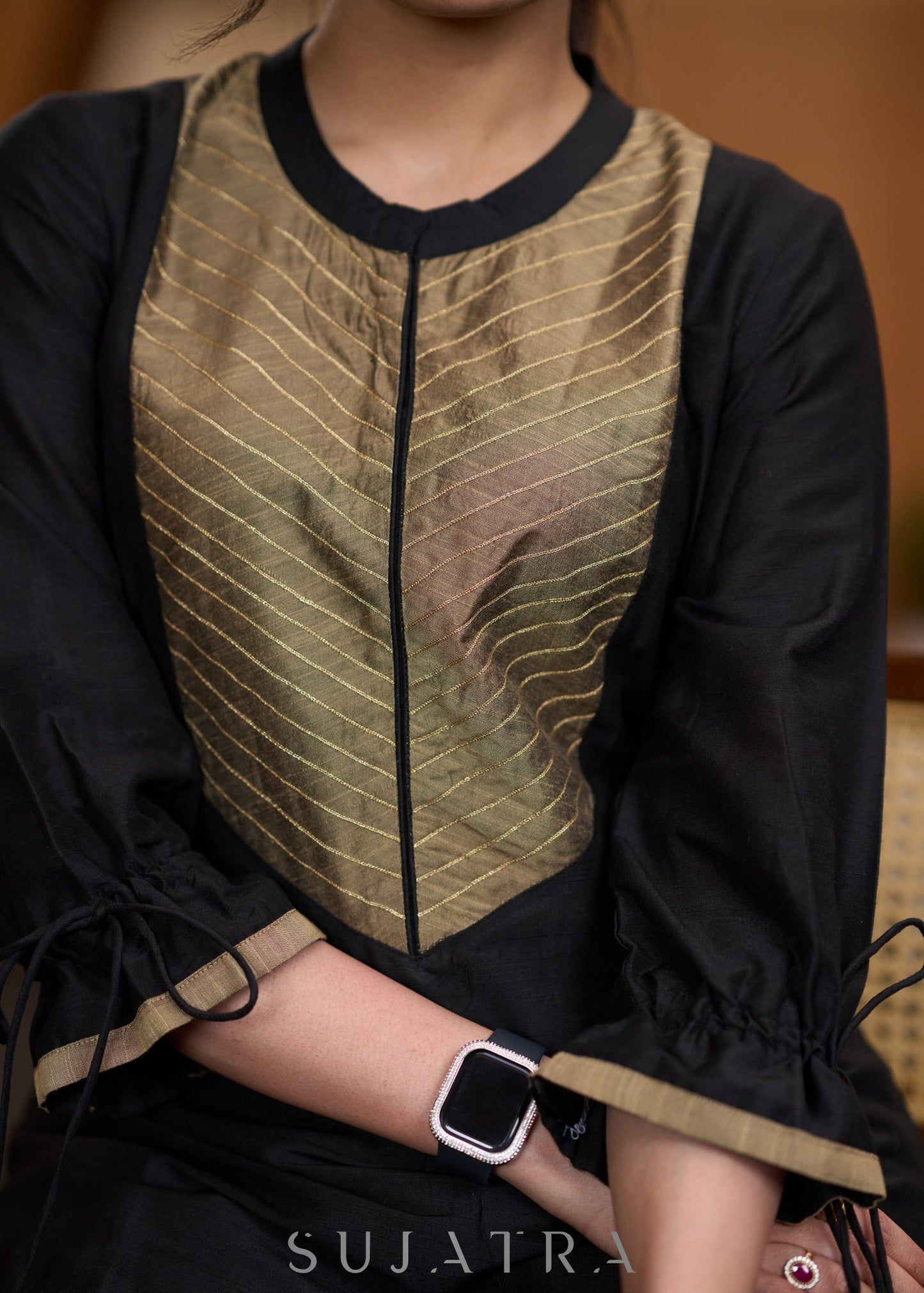 Stylish Black Cotton silk kurta with golden zari yoke Pant optional