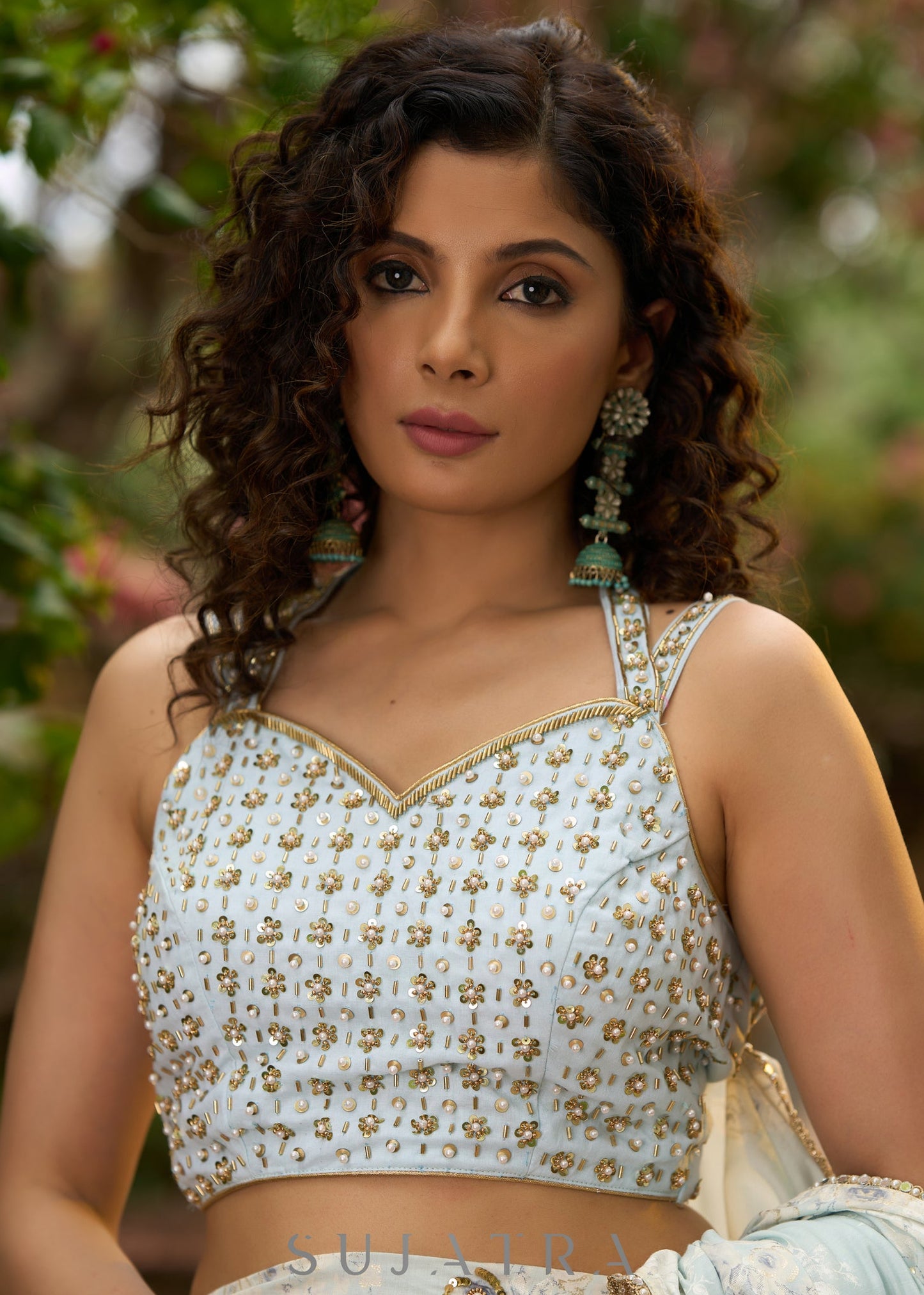 Exclusive ice blue mul cotton overall embroidered blouse