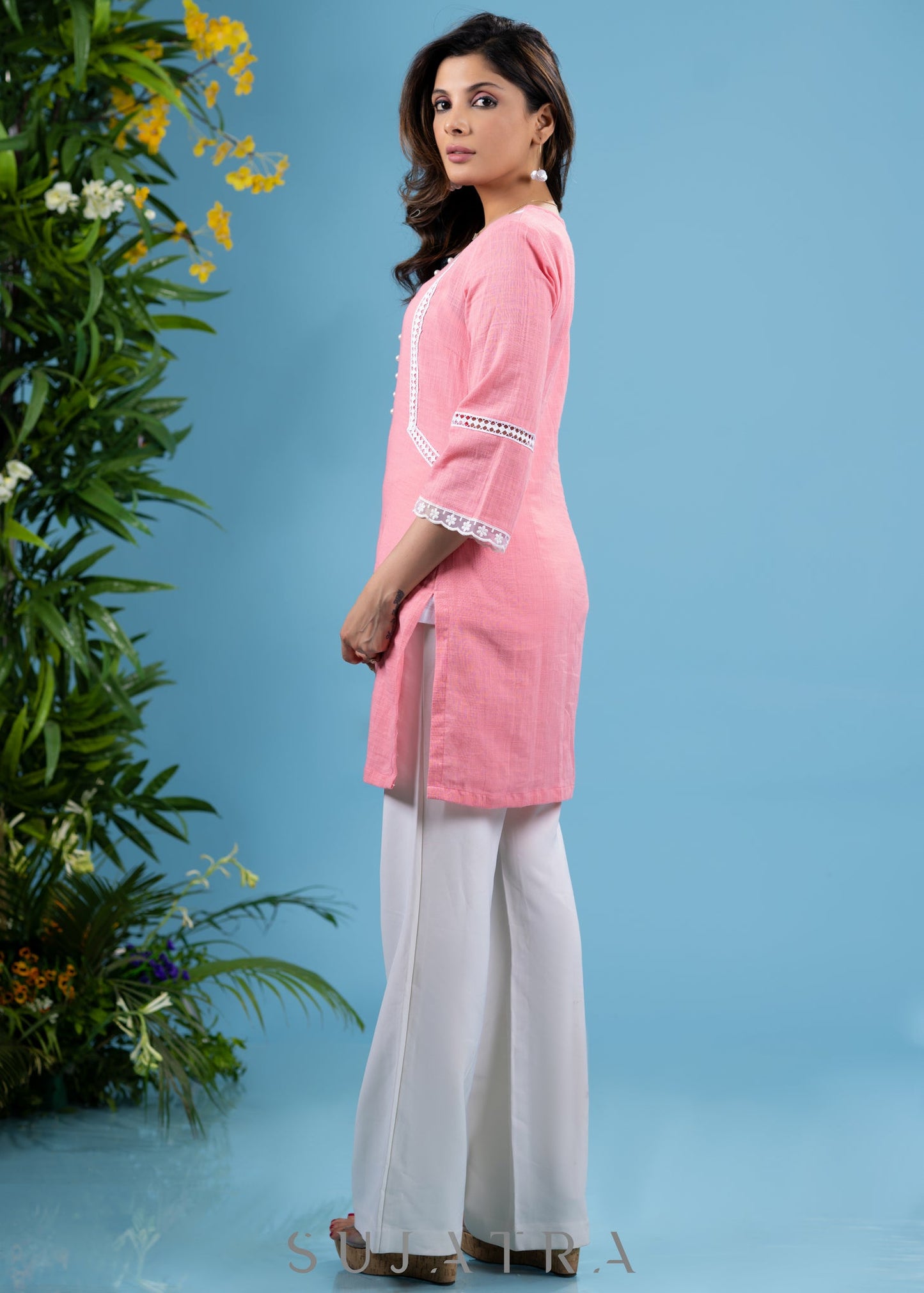 Fresh Baby pink cotton tunic highlighted with elegant laces