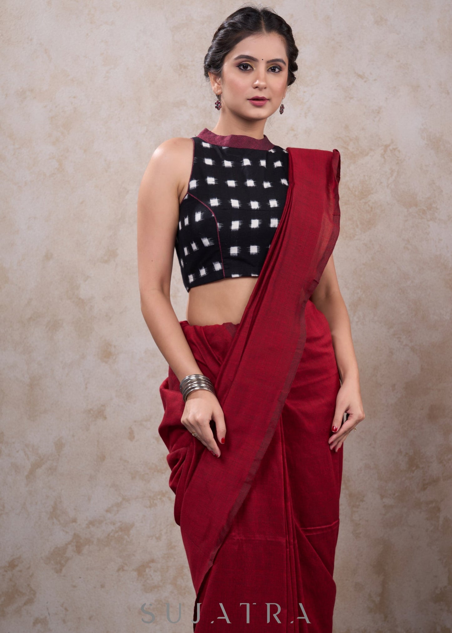 Stylish black cotton ikat high neck blouse