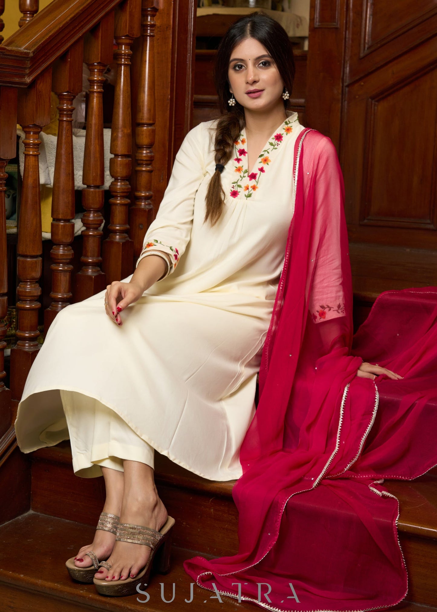 Elegantly crafted off-white rayon kurta with intricate embroidery and matching pants - Dupatta optional