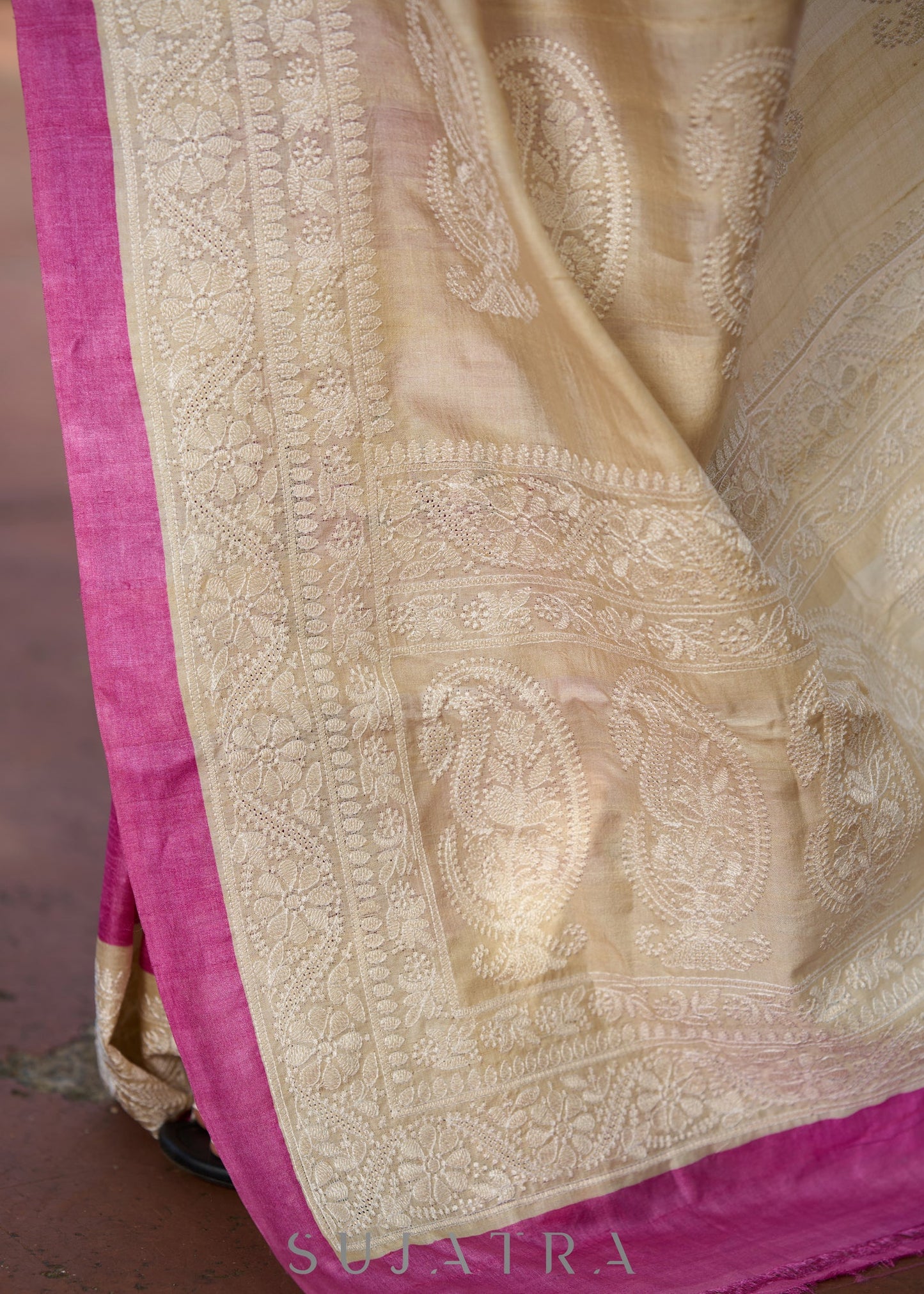 Elegant Pink pure tussar silk printed saree with lucknowi work on border & pallu