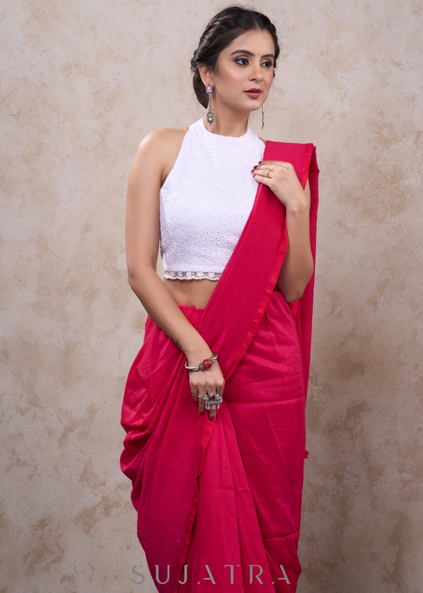 Trendy white cotton hakoba high neck blouse with lace highlight