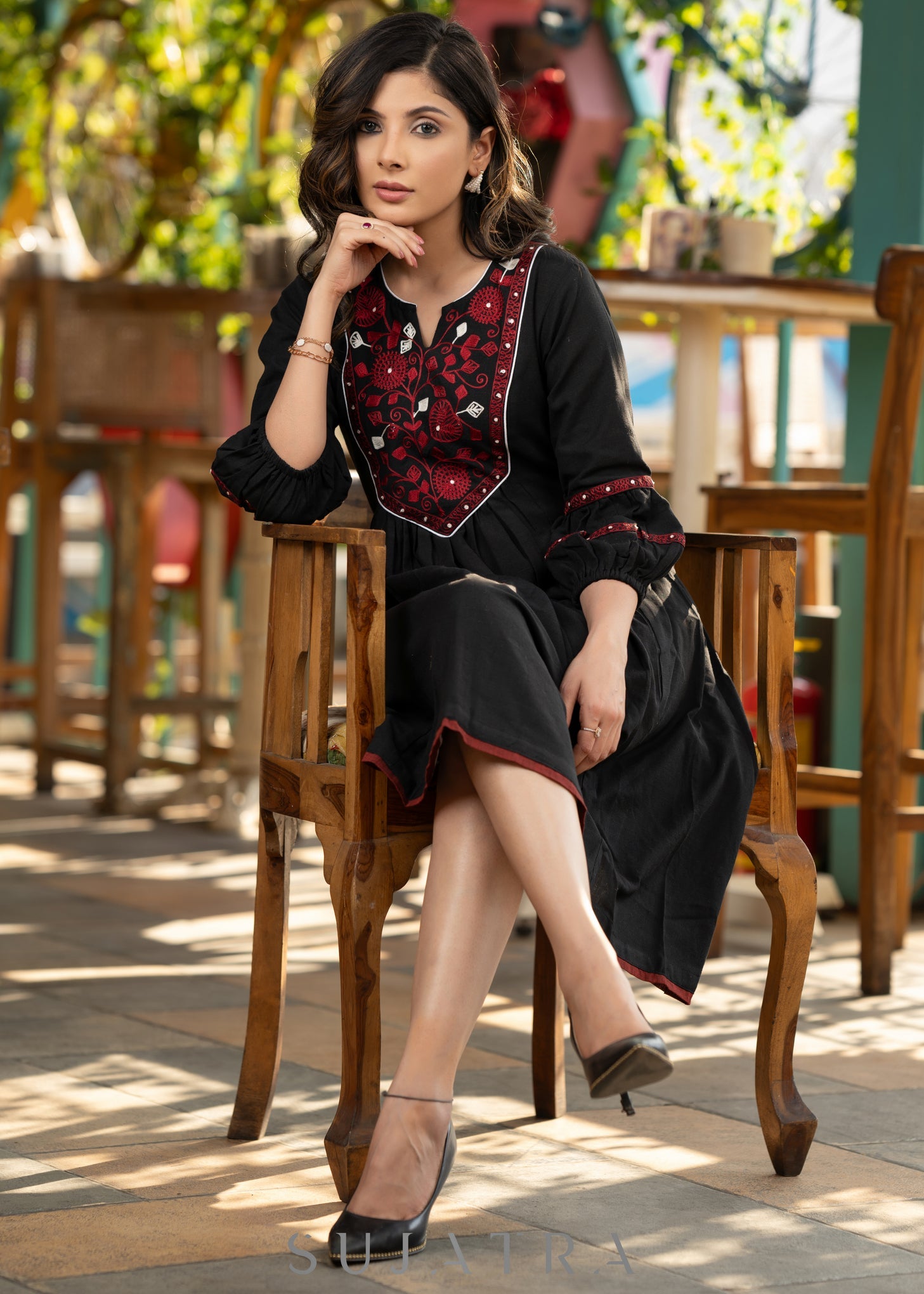 Elegant black cotton dress with beautiful embroidered yoke – SujatraCA