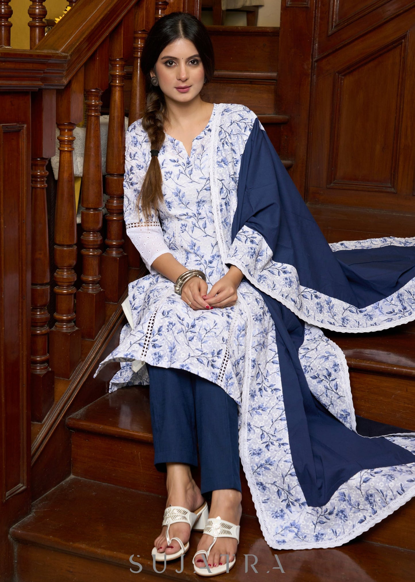 Elegant white Hakoba printed kurta, with delicate lace accents paired with matching Pants - Dupatta optional