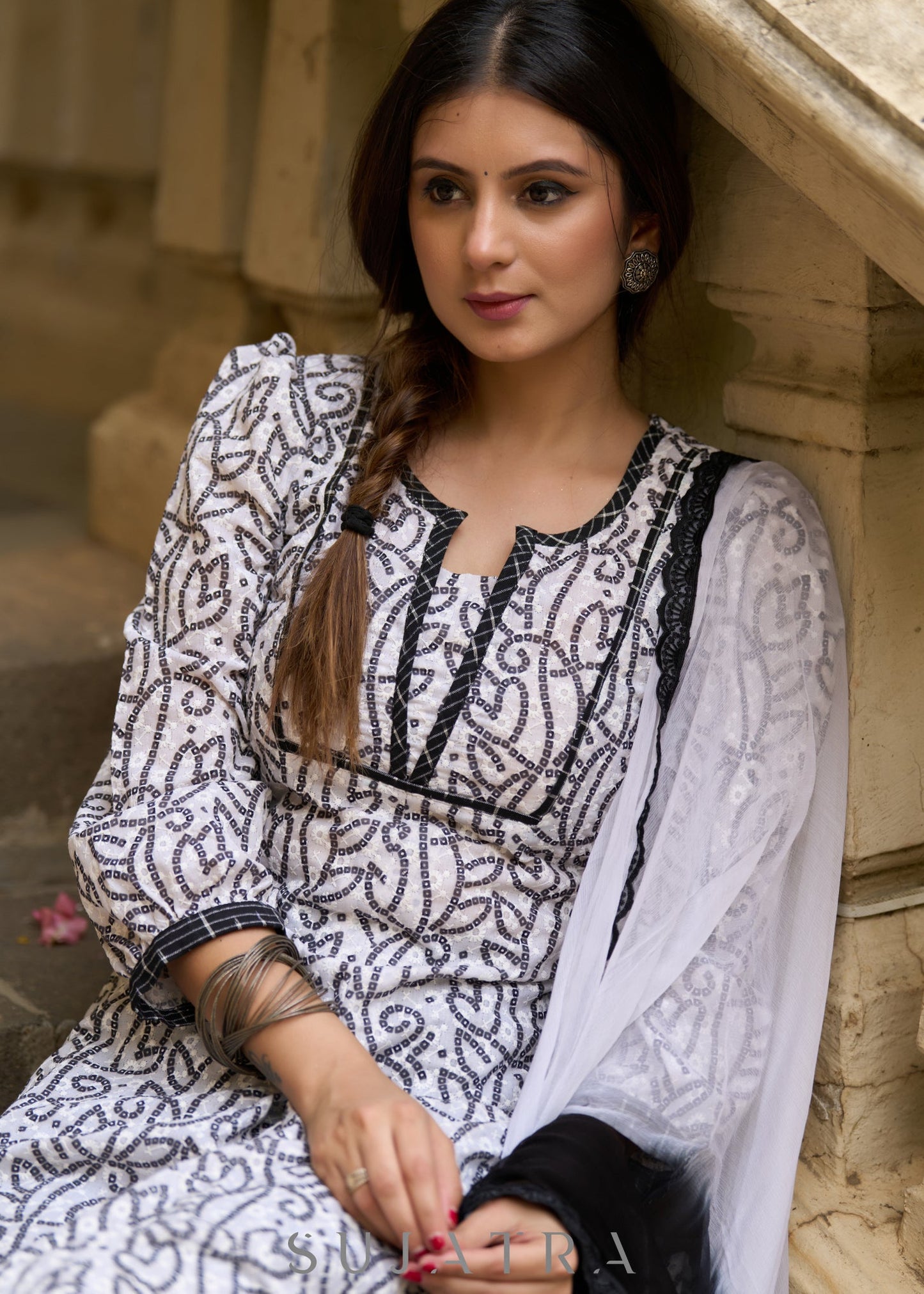 Versatile & stylish white hakoba bandhani printed kurta with Ikat Afghani pants -Dupatta Optional