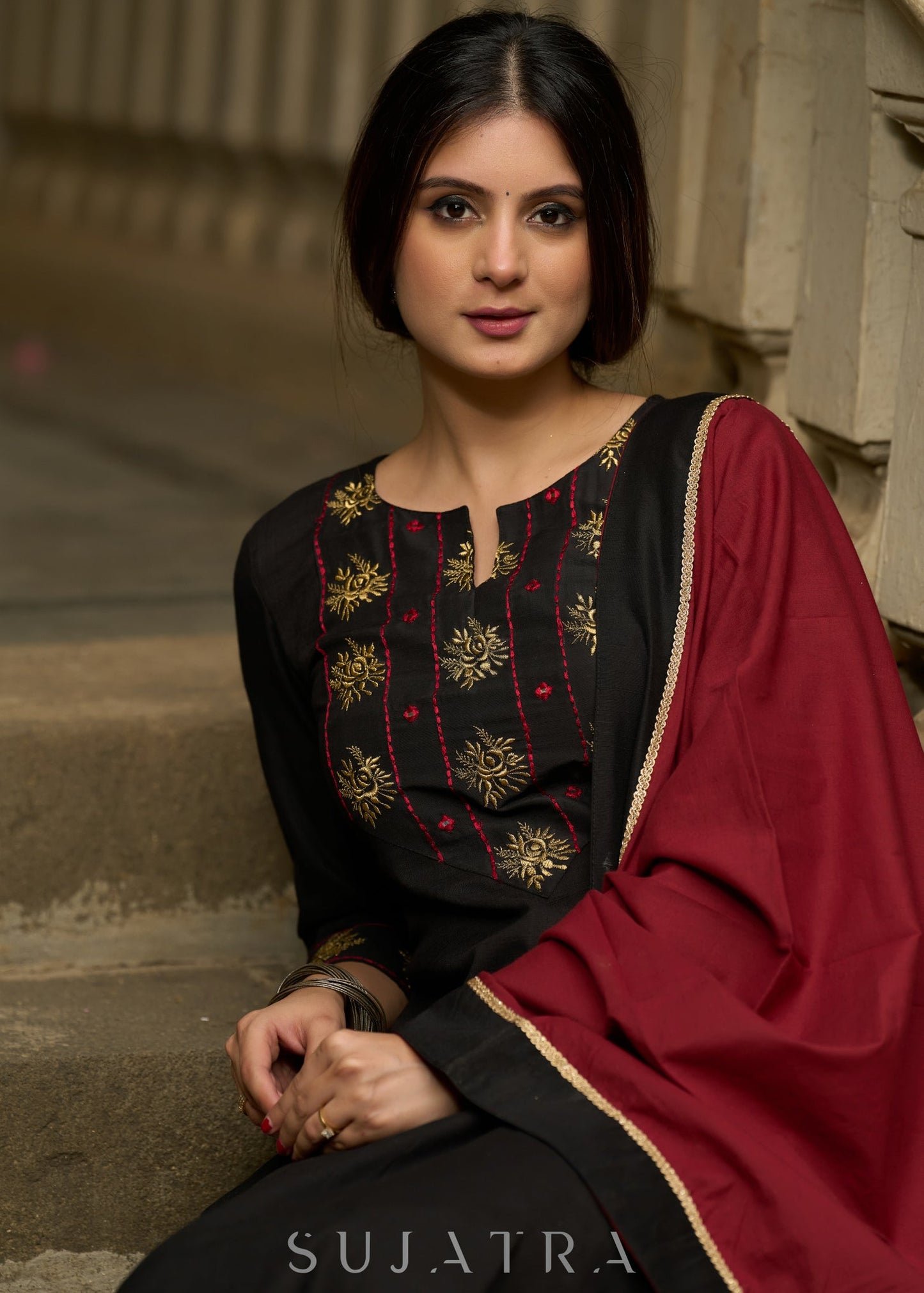 Black embroidered cotton kurta, paired with matching pants - Dupatta Optional