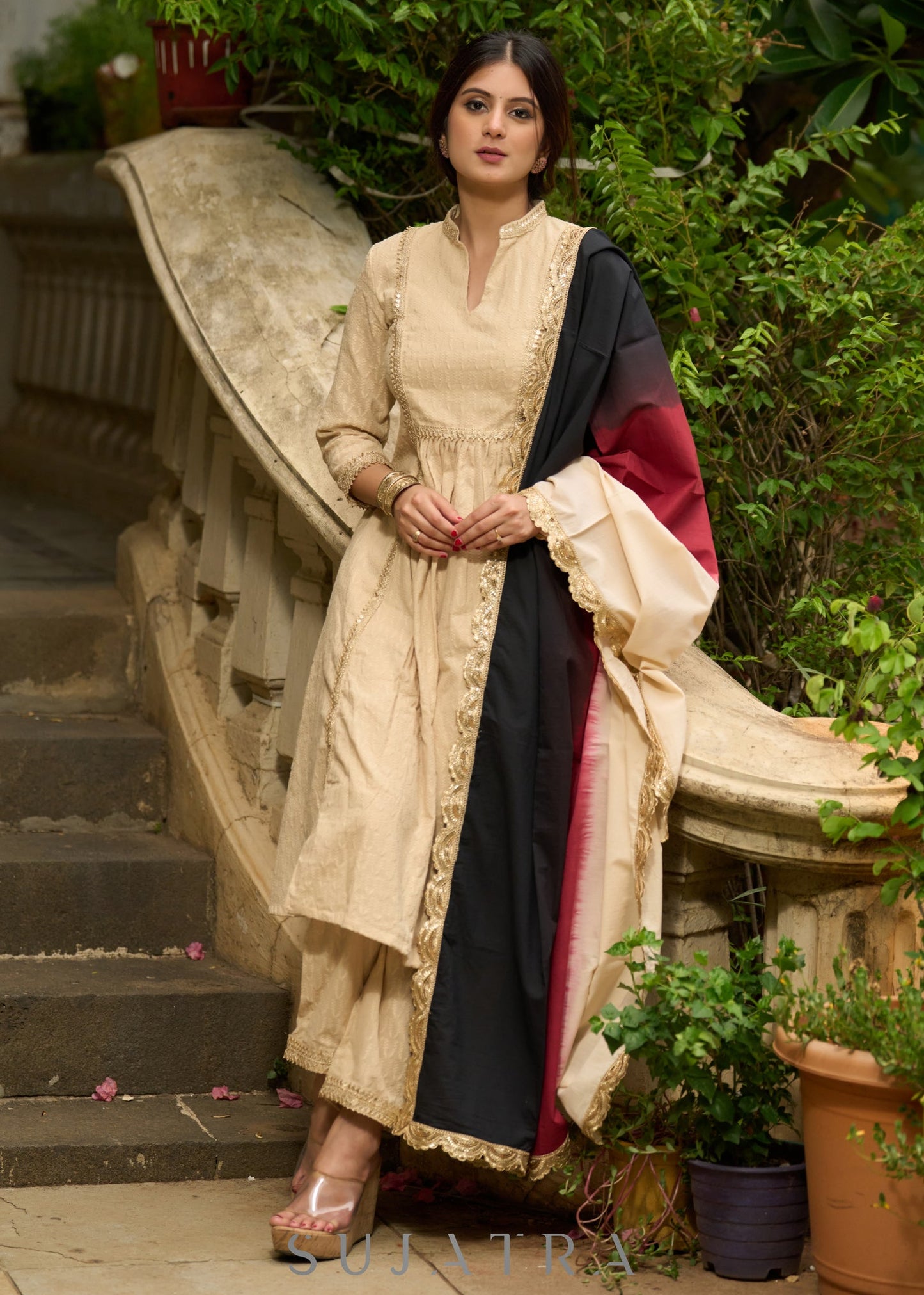Classic beige self-textured Kurta paired with matching Pants - Dupatta Optional